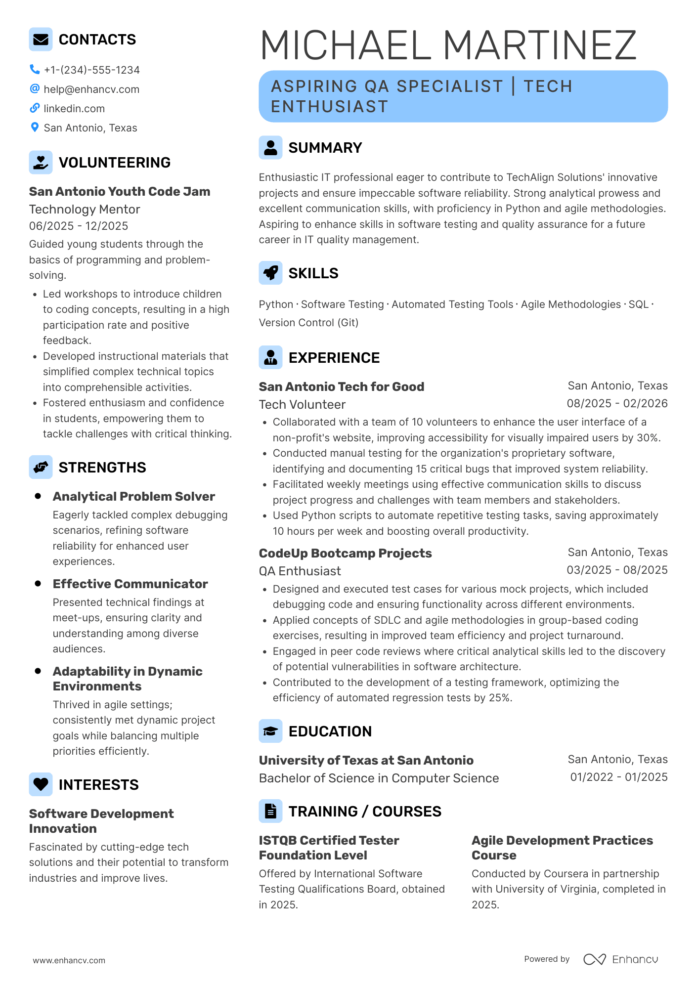 A resume example of a IT Quality Assurance Intern
