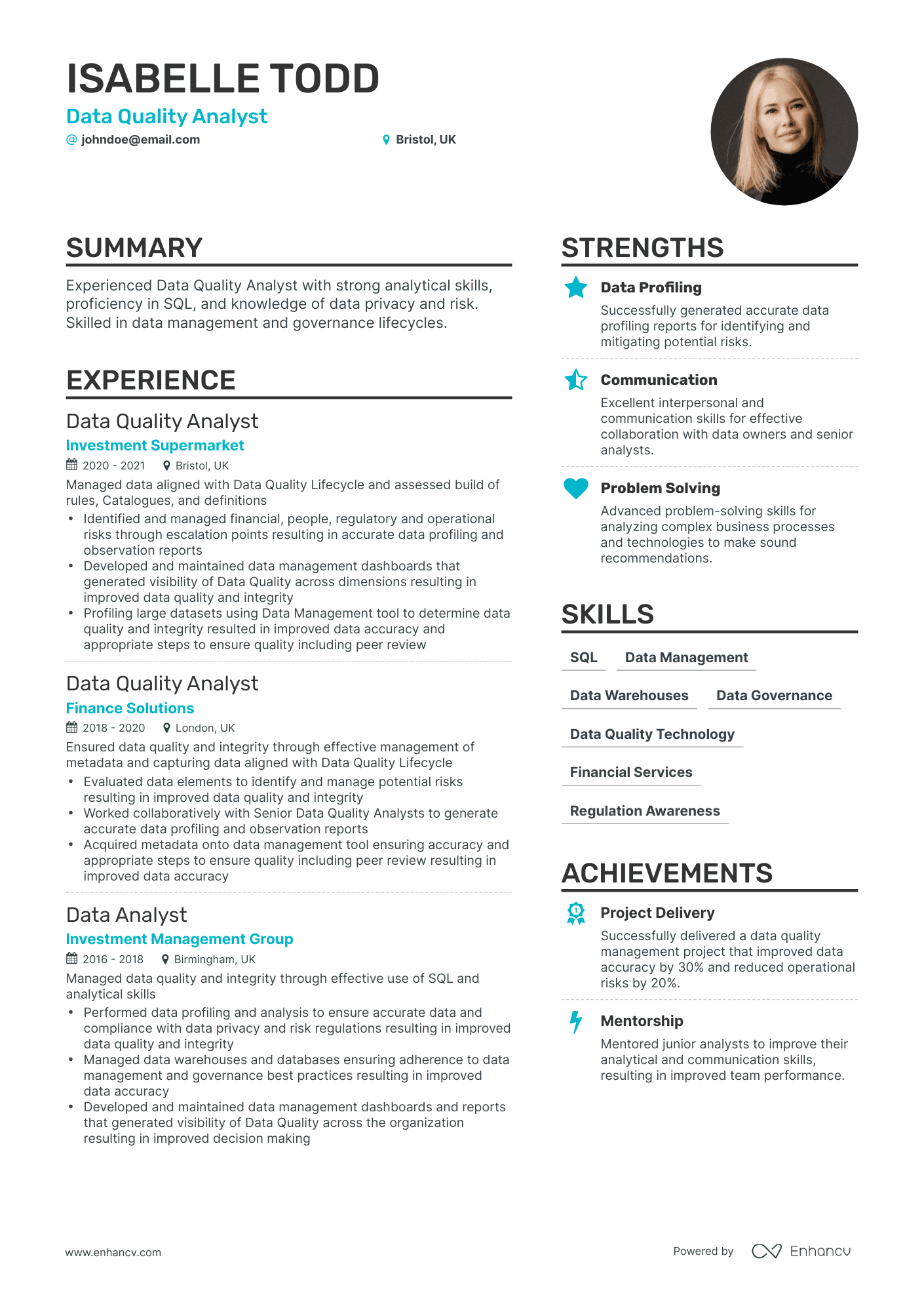 Simple Data Quality Analyst Resume Template