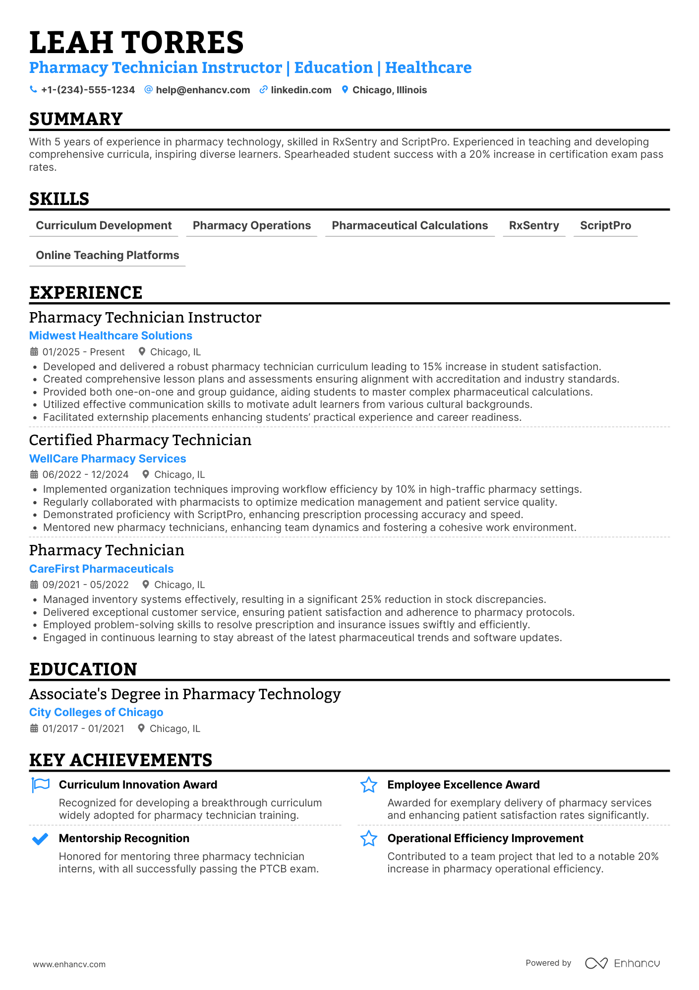 A resume example of a Pharmacy Technician Instructor