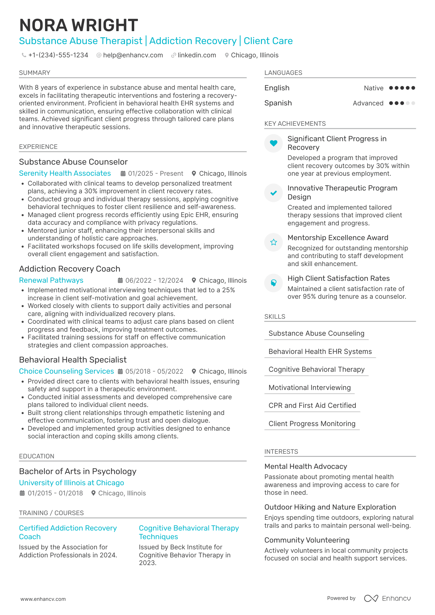 A resume example of a Substance Abuse Caregiver