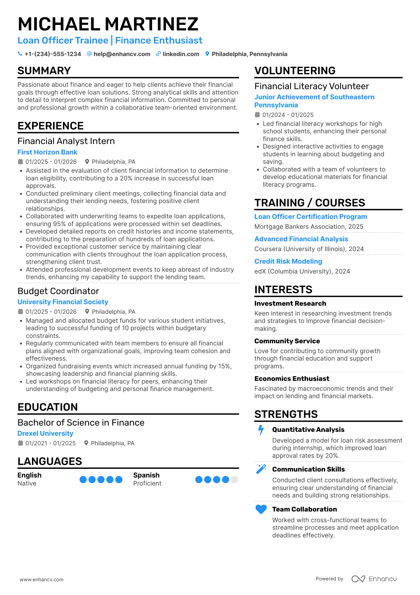 A resume example of a Loan Officer Trainee