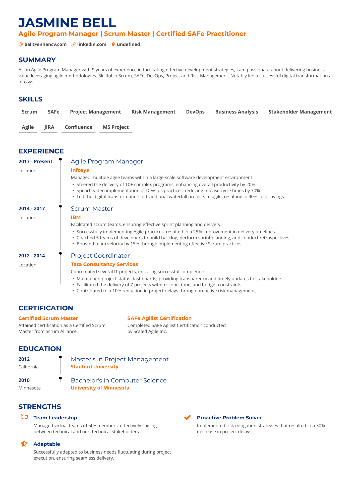 A resume example of a Agile Program Manager