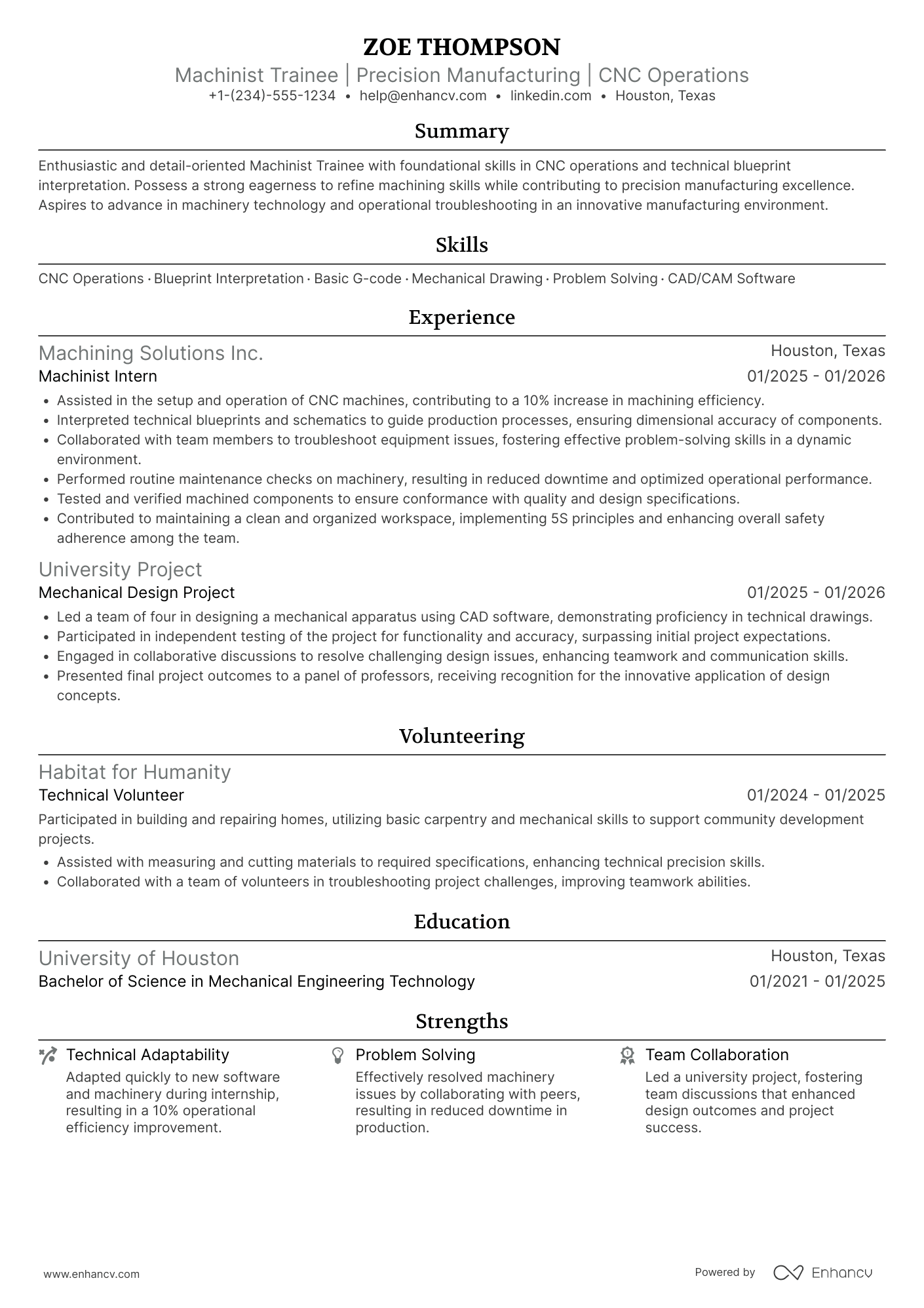 A resume example of a Machinist Trainee