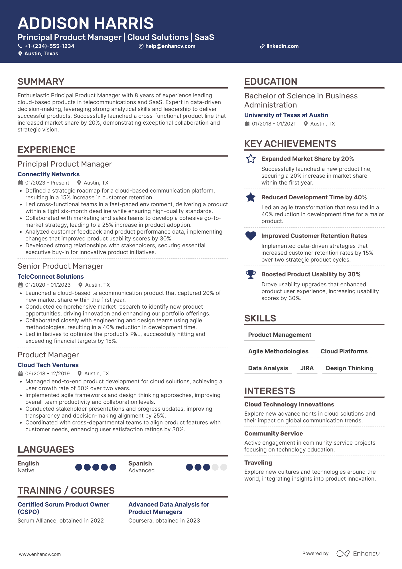 A resume example of a Principal Product Manager