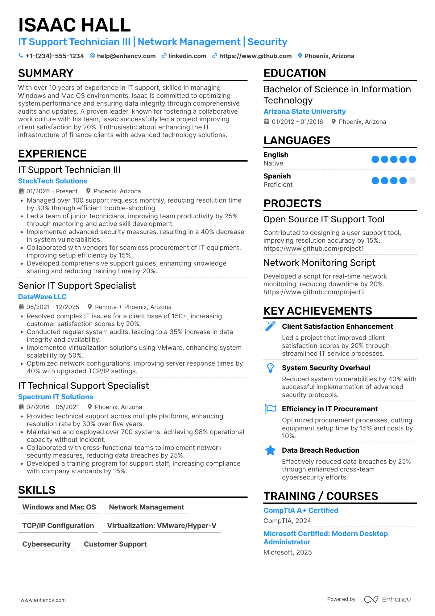 A resume example of a IT Support Technician III