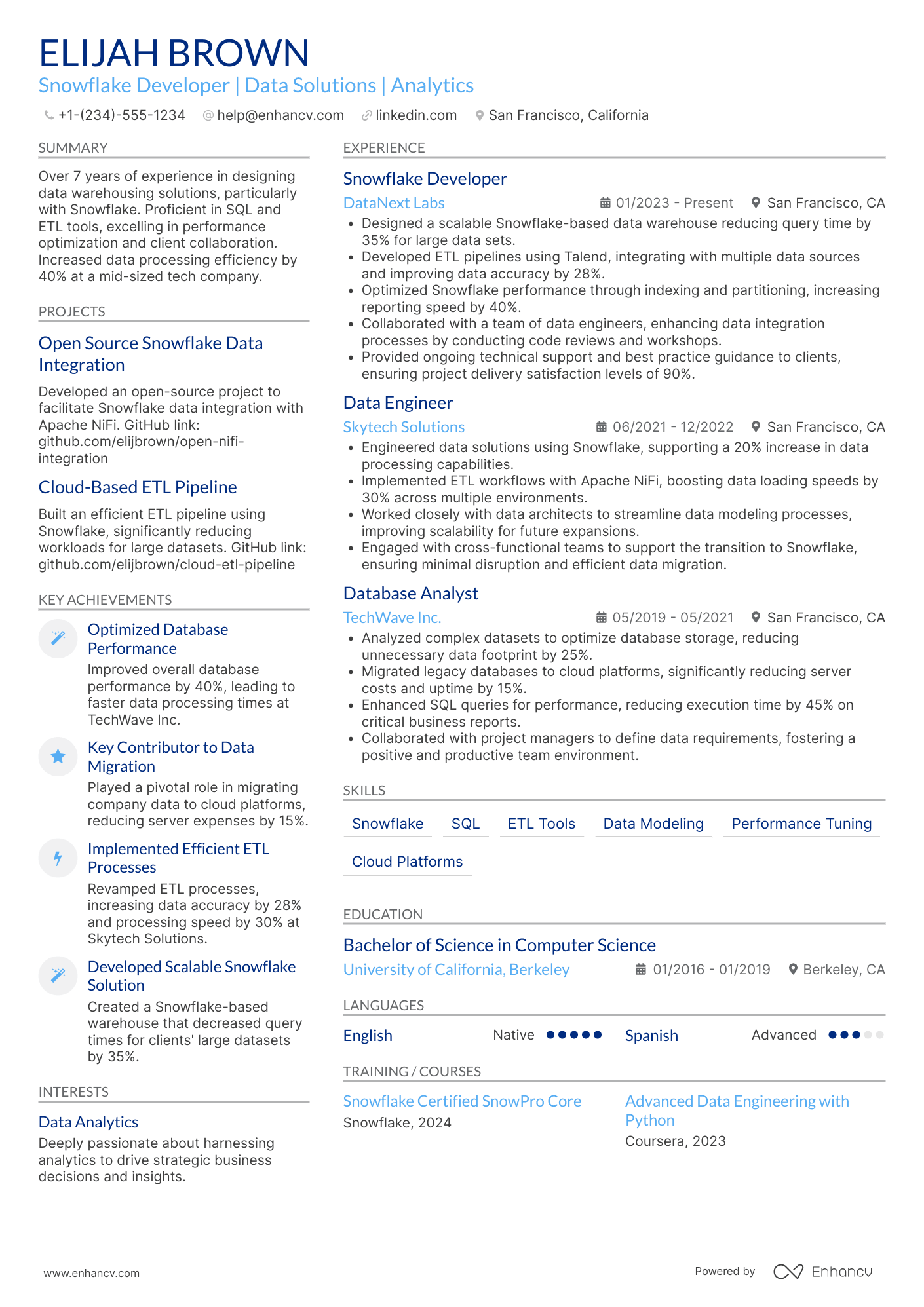 A resume example of a Snowflake Developer
