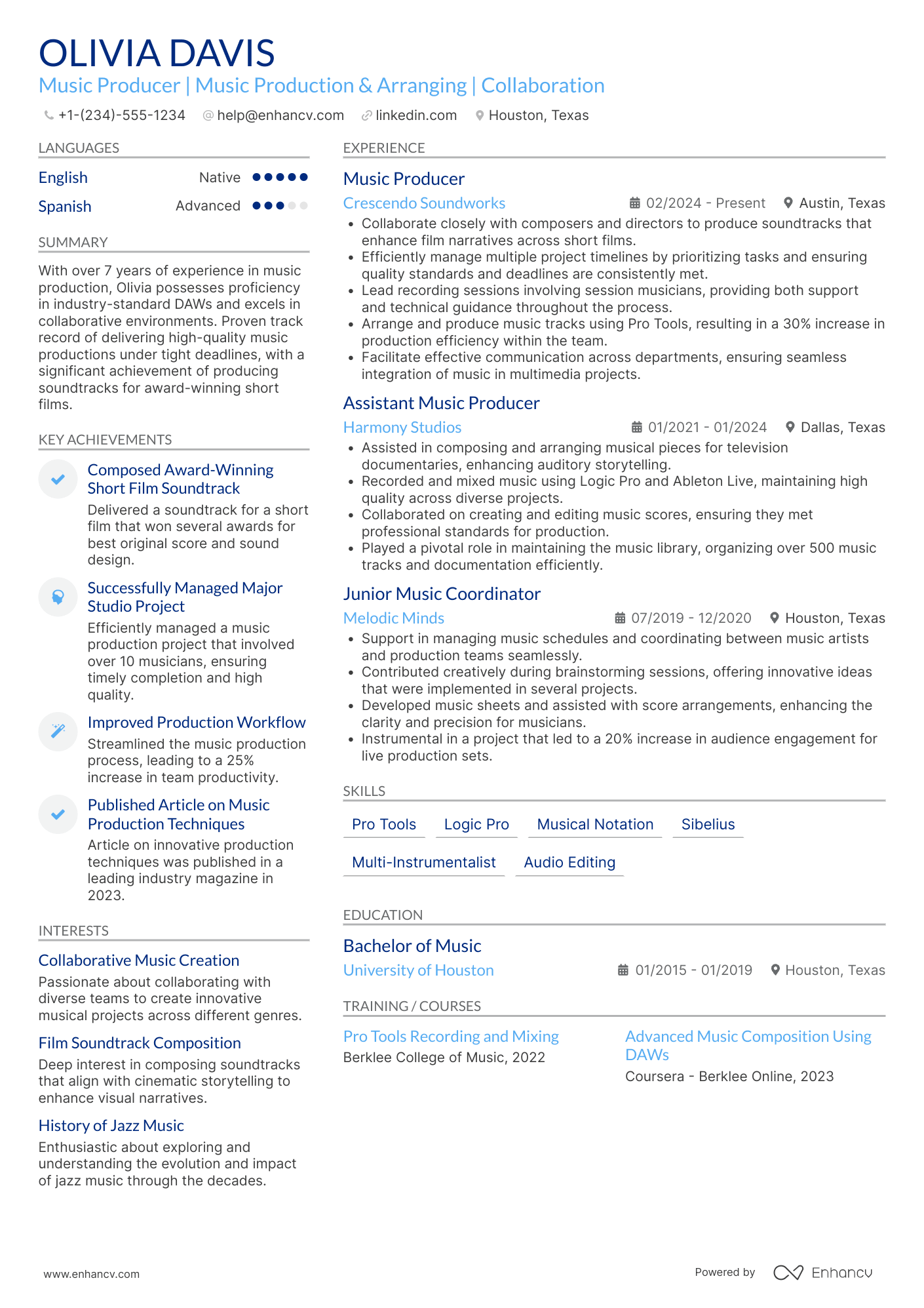 A resume example of a Mid Level Musician