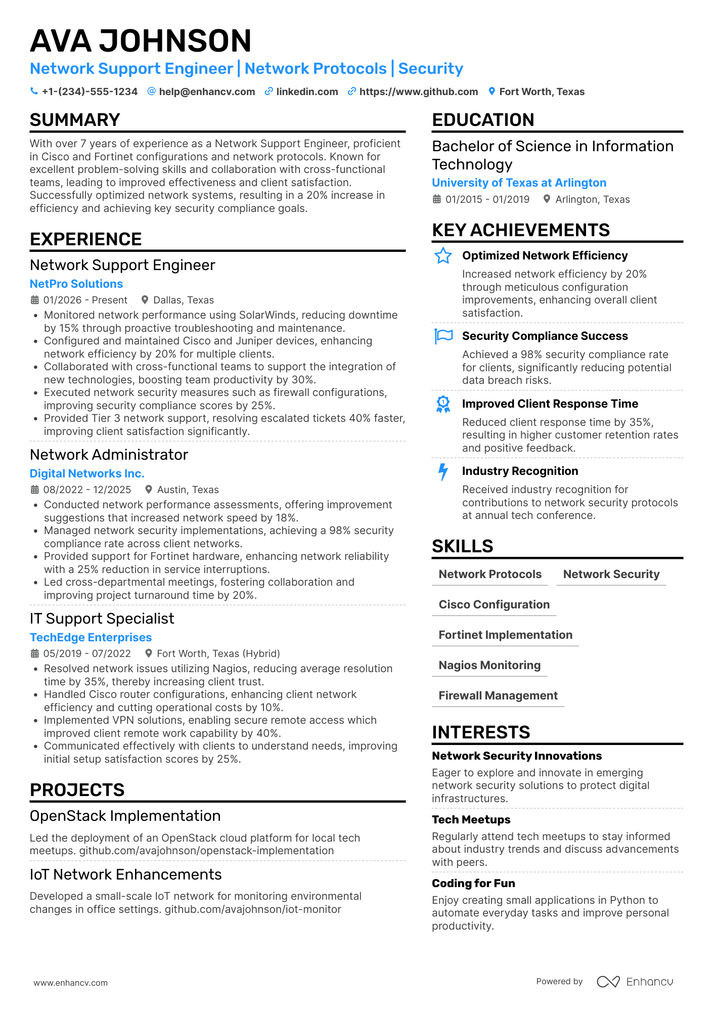 A resume example of a Network Support Engineer