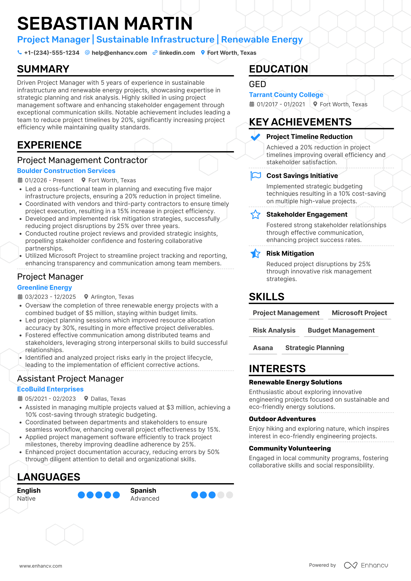 A resume example of a Project Management Contractor