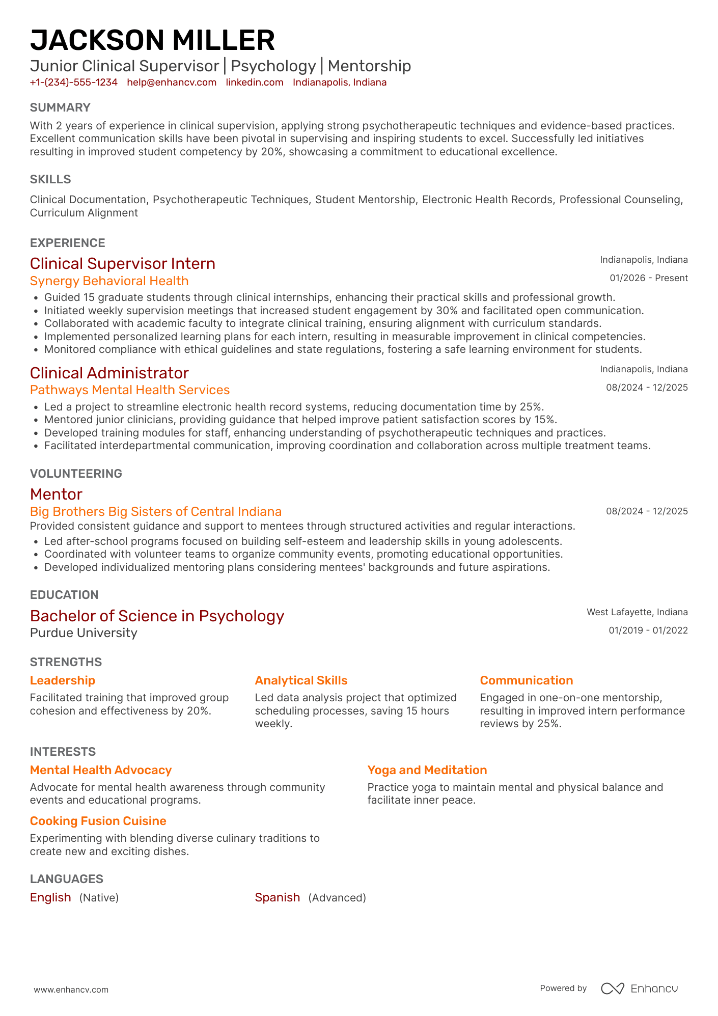 A resume example of a Grad School Clinical Supervisor