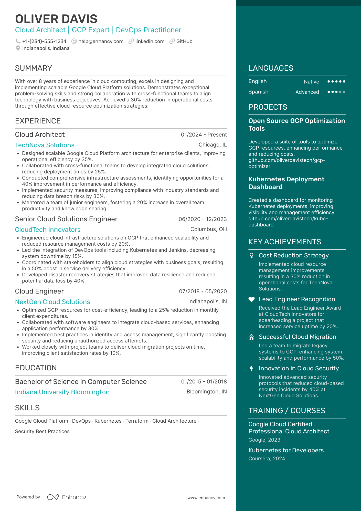 A resume example of a Google Cloud Certified Professional Cloud Architect