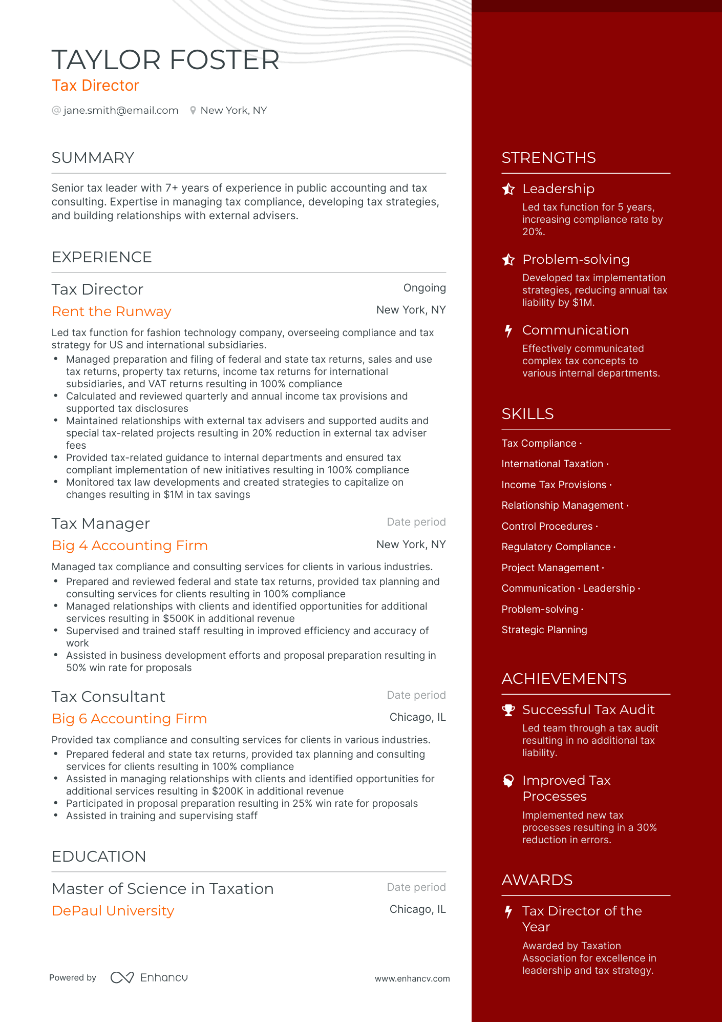 One Page Tax Director Resume Template