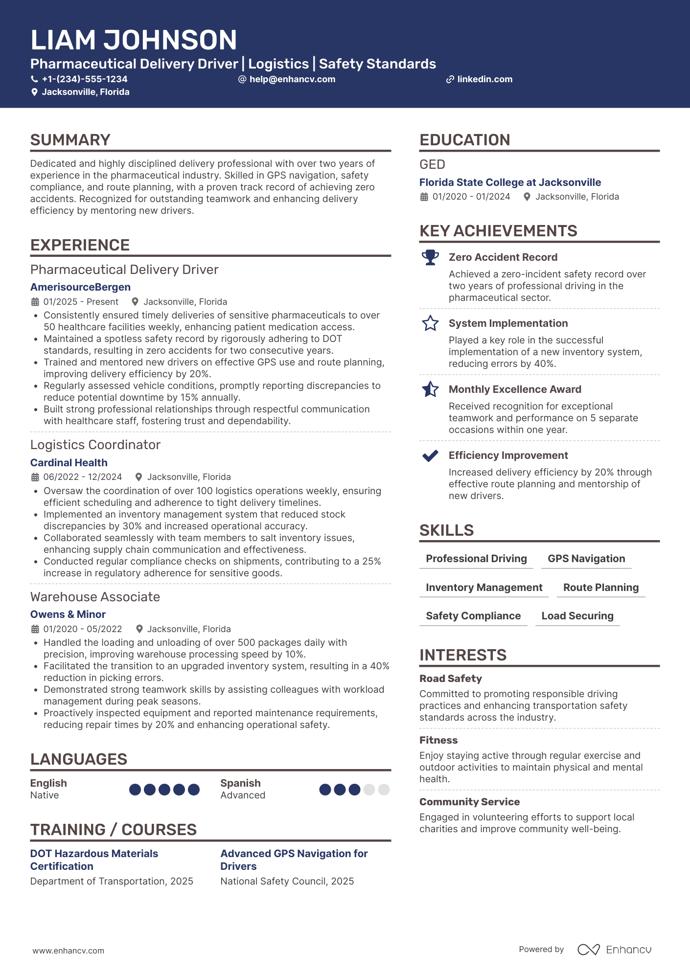 A resume example of a Pharmaceutical Delivery Driver