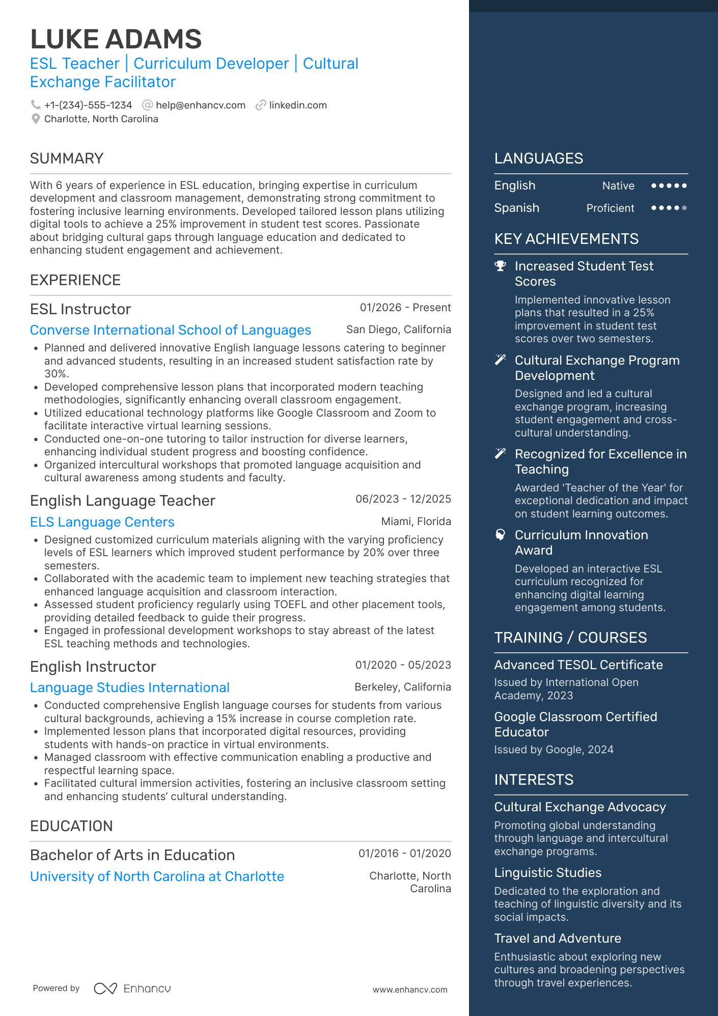 A resume example of a English as a Second Language Teacher