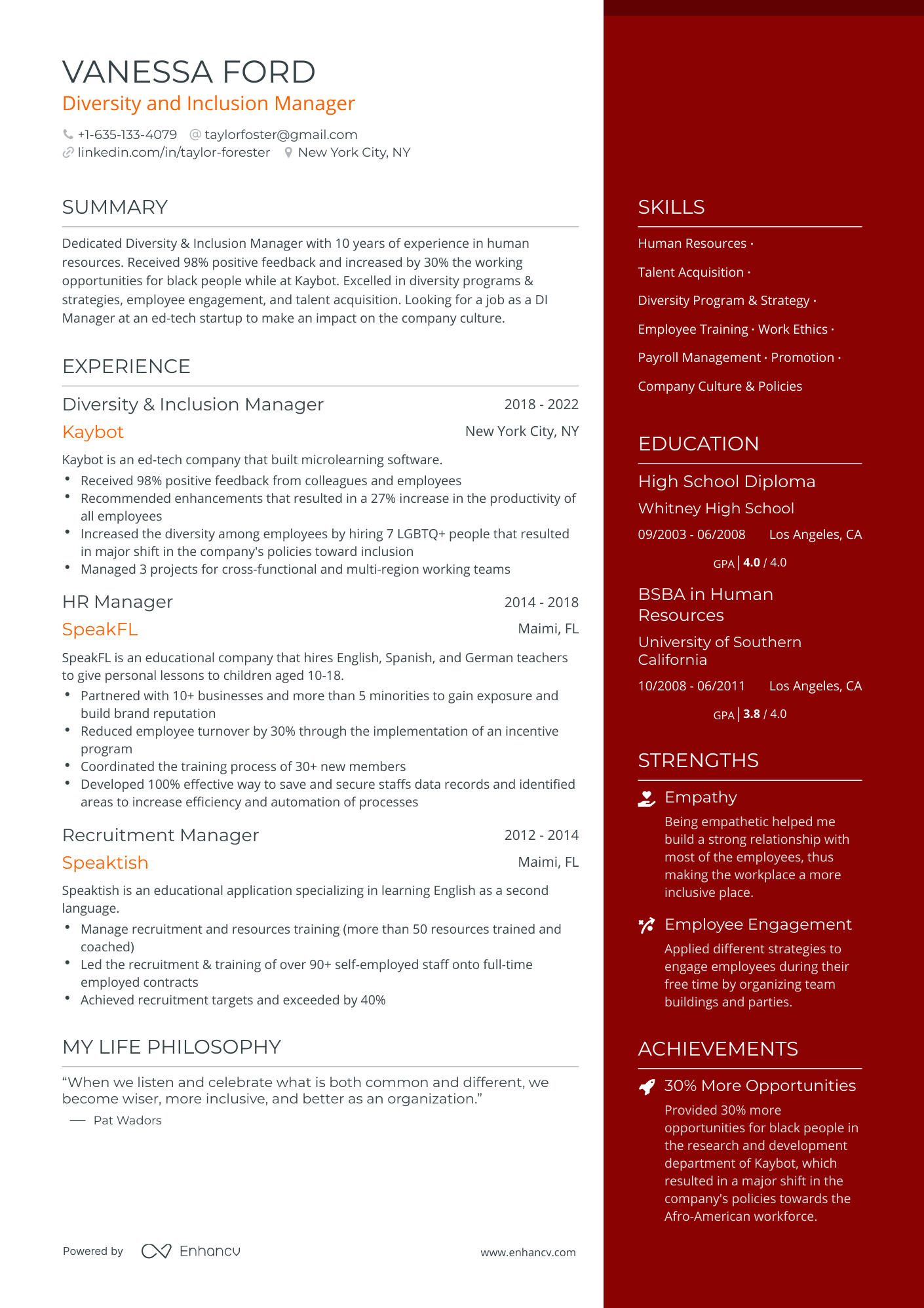 One Page Diversity And Inclusion Manager Resume Template