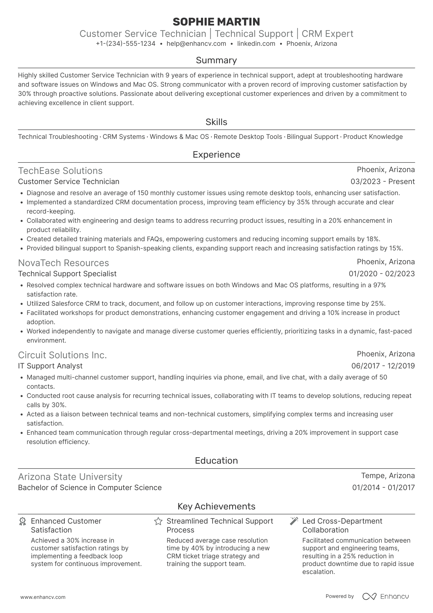 A resume example of a Customer Service Technician