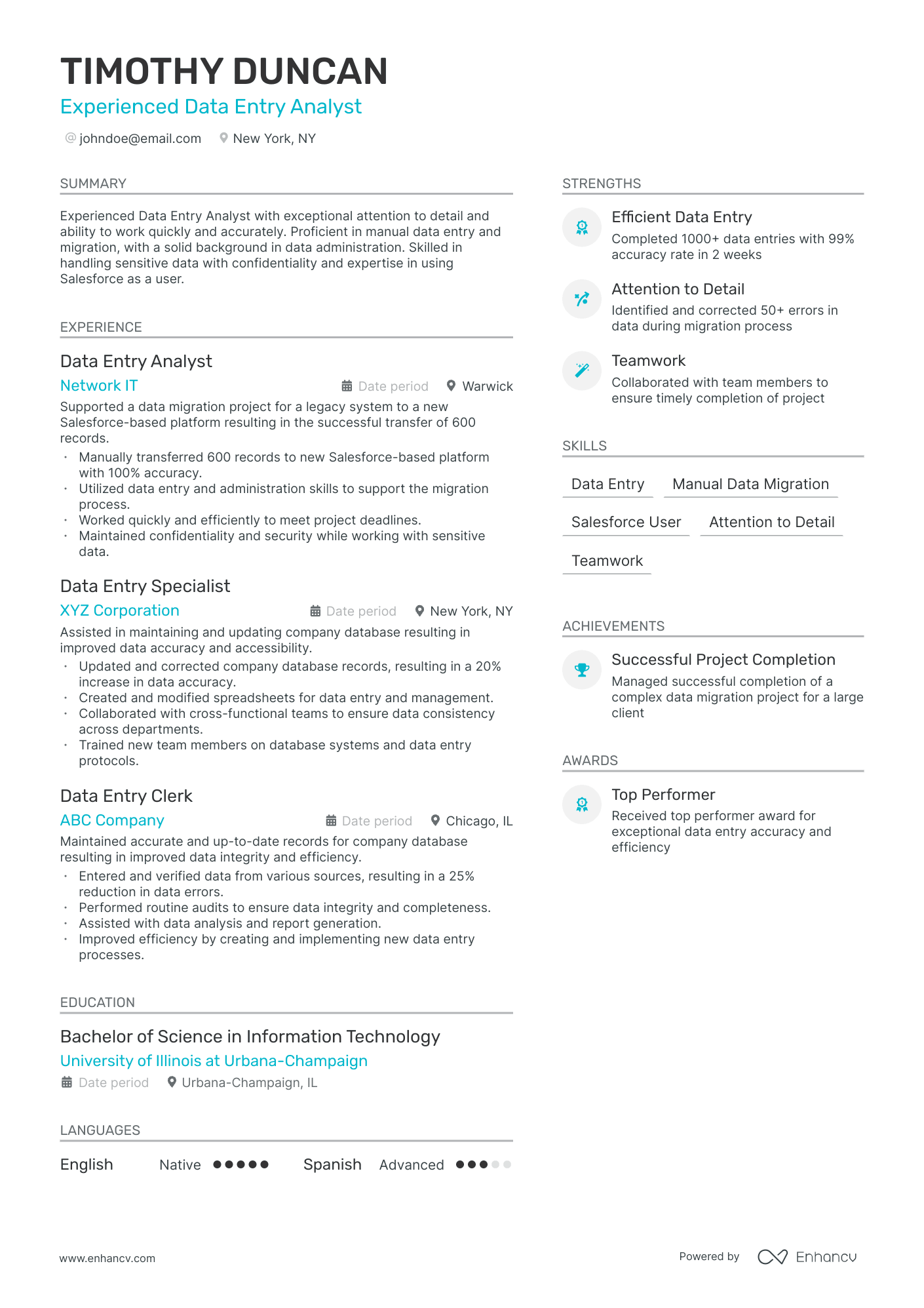A resume example of a Data Entry Analyst