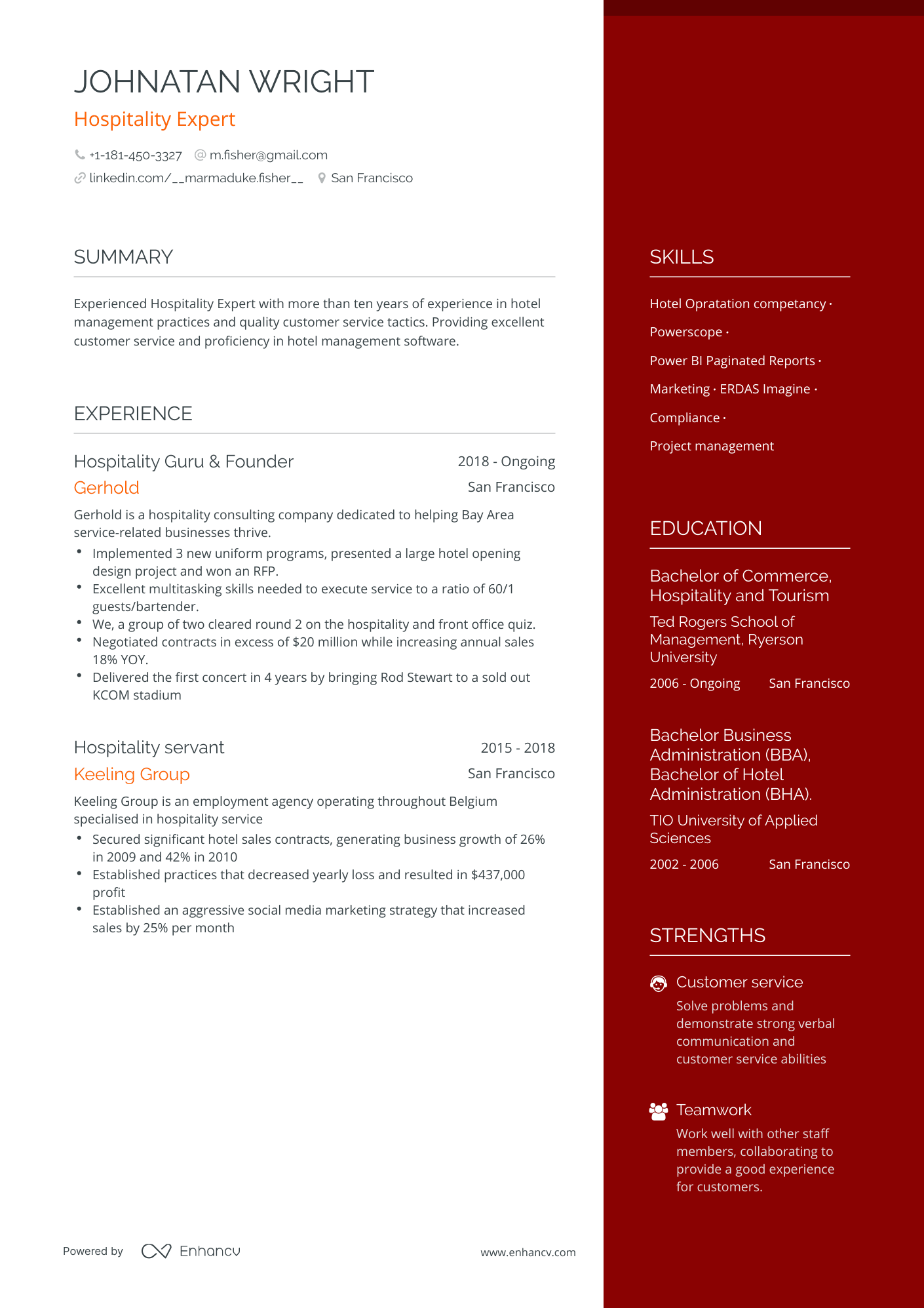 One Page Hospitality Resume Template