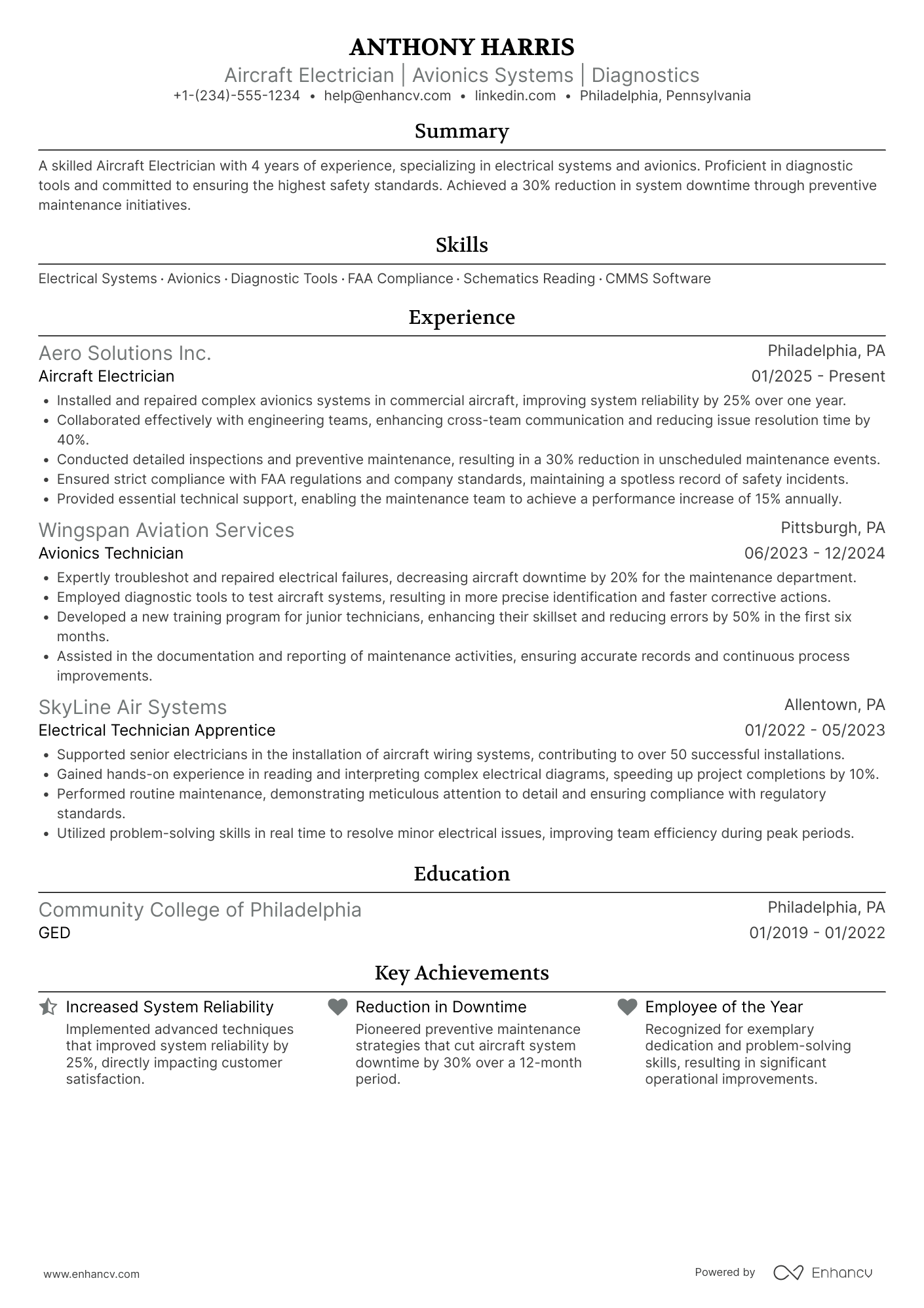 A resume example of a Aircraft Electrician