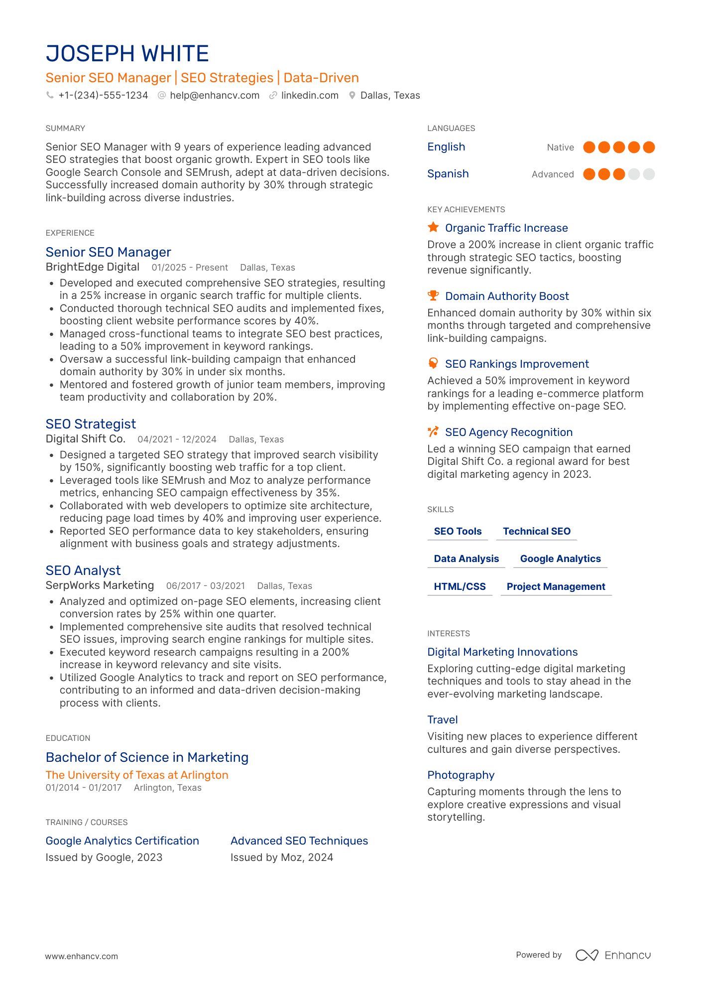 A resume example of a Senior SEO Manager
