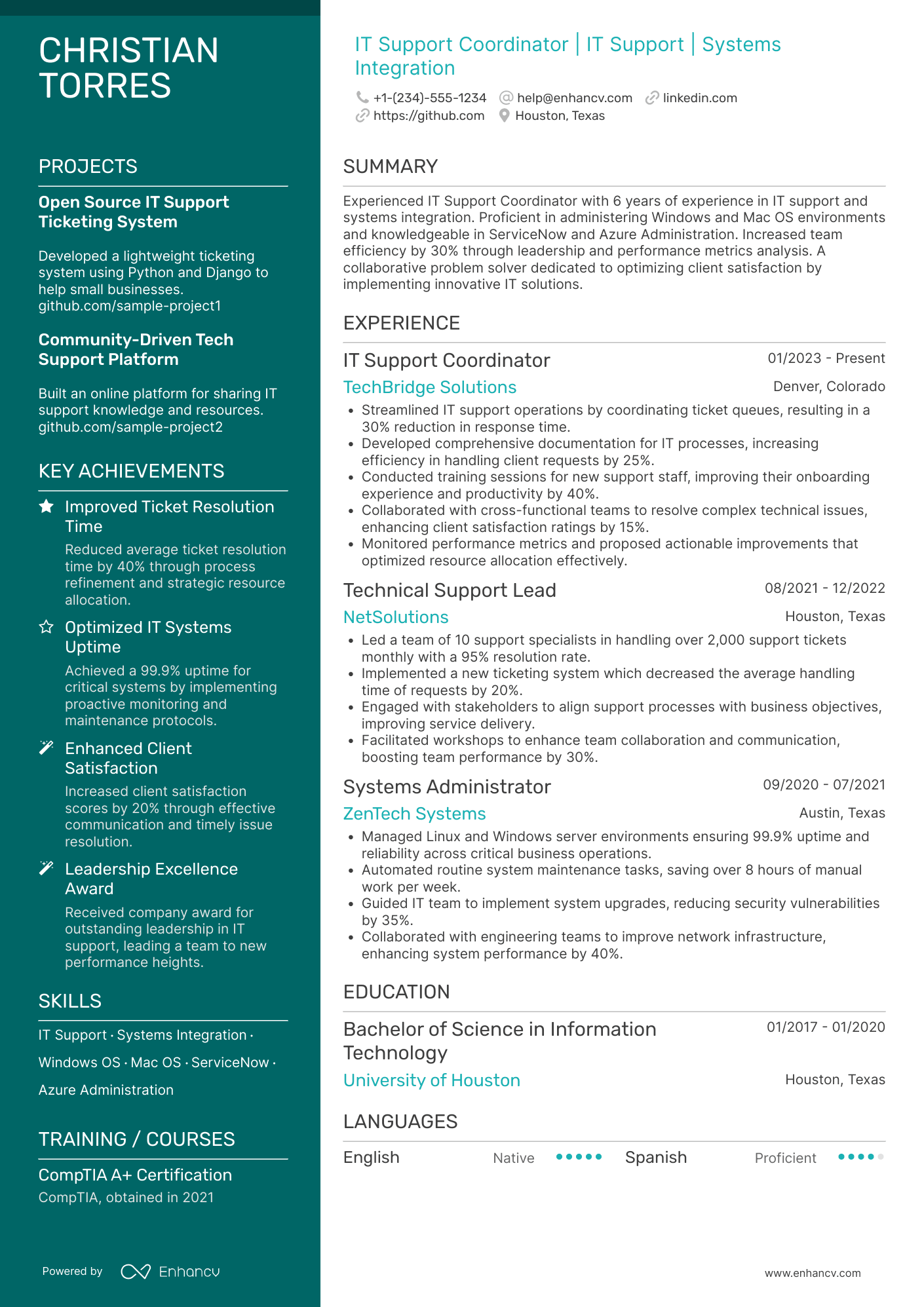 A resume example of a IT Support Coordinator