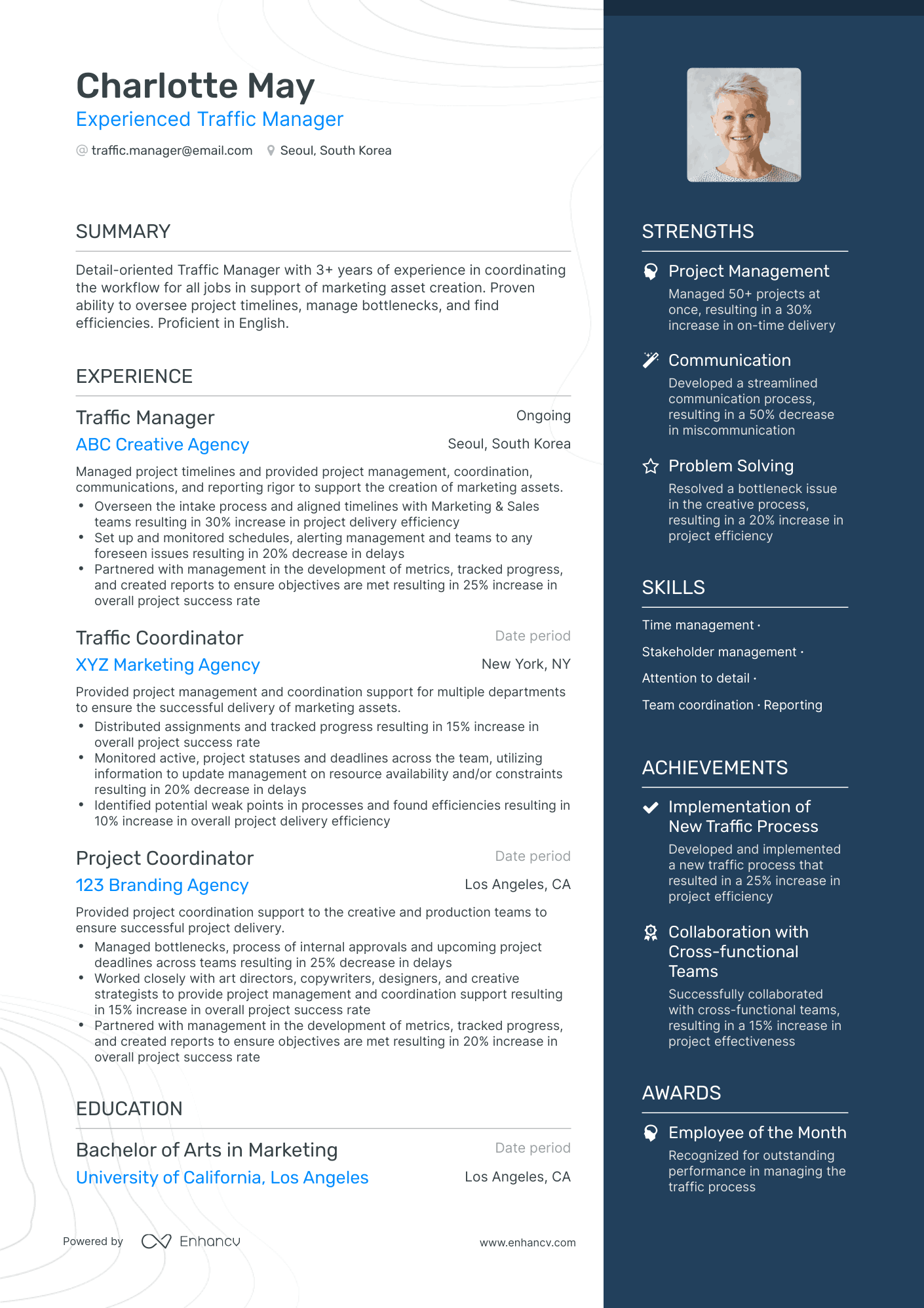 One Page Traffic Manager Resume Template