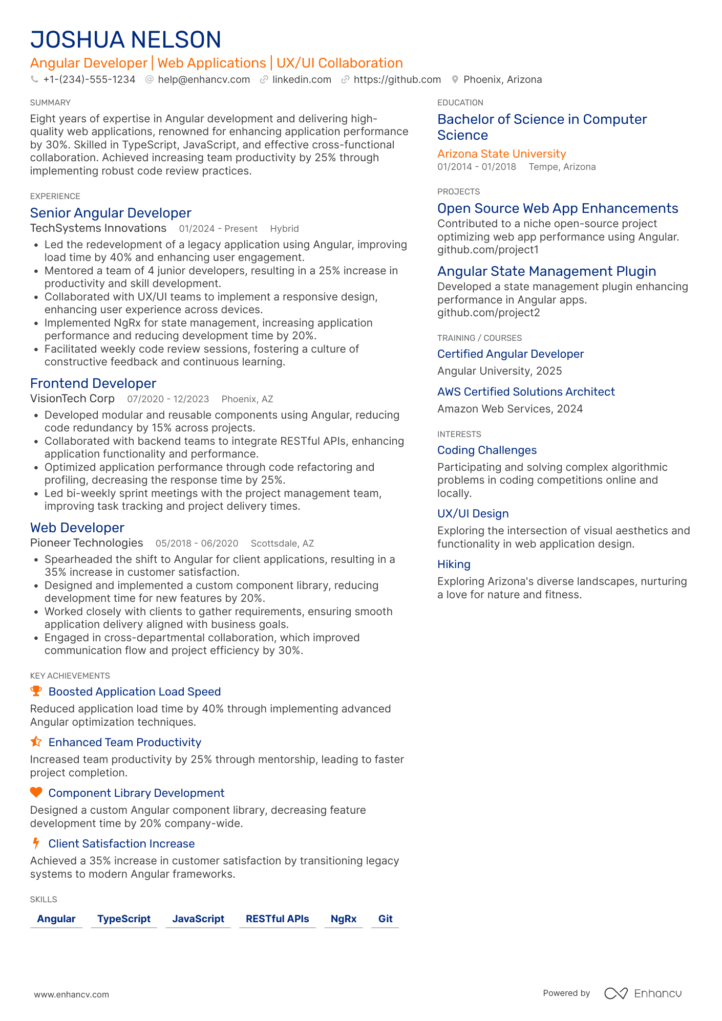 A resume example of a Angular Developer