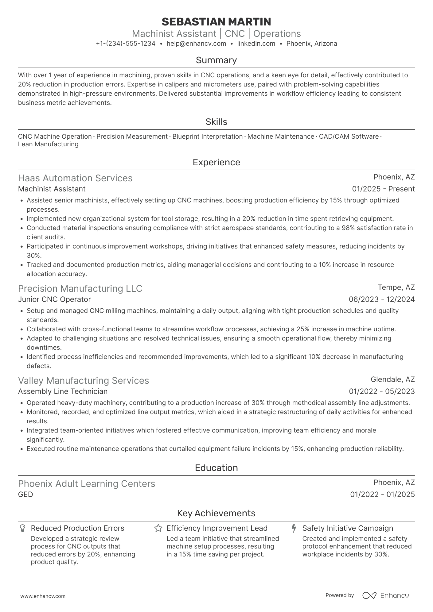 A resume example of a Machinist Assistant