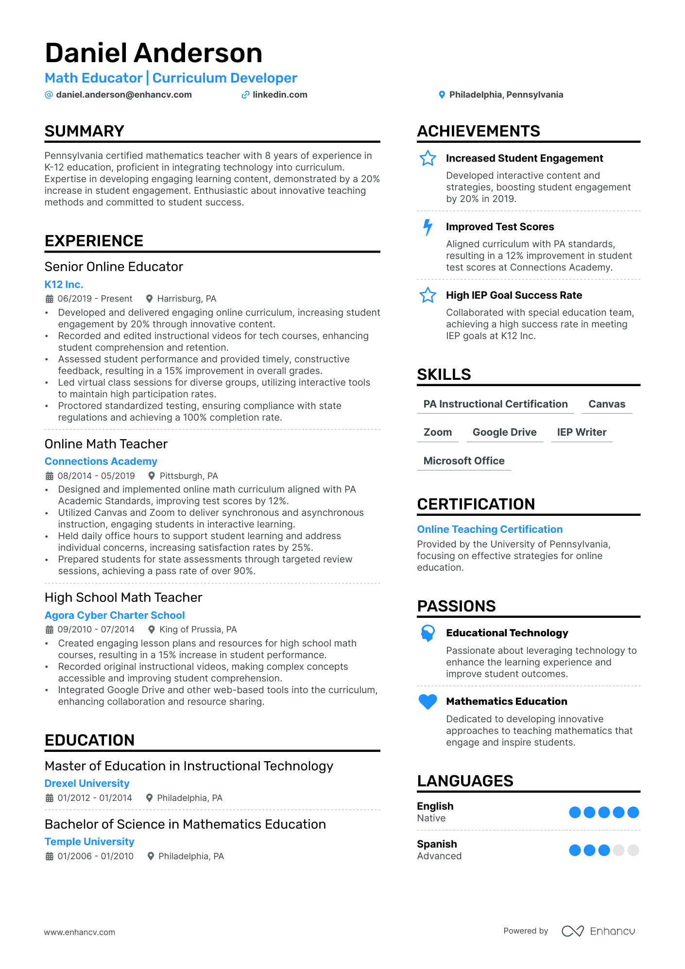 resume sample for teacher