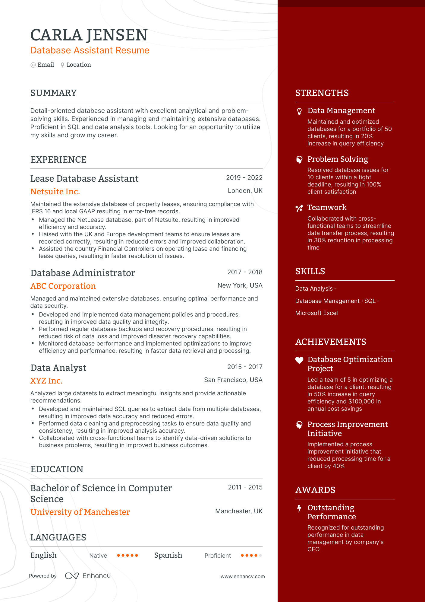 One Page Database Assistant Resume Template