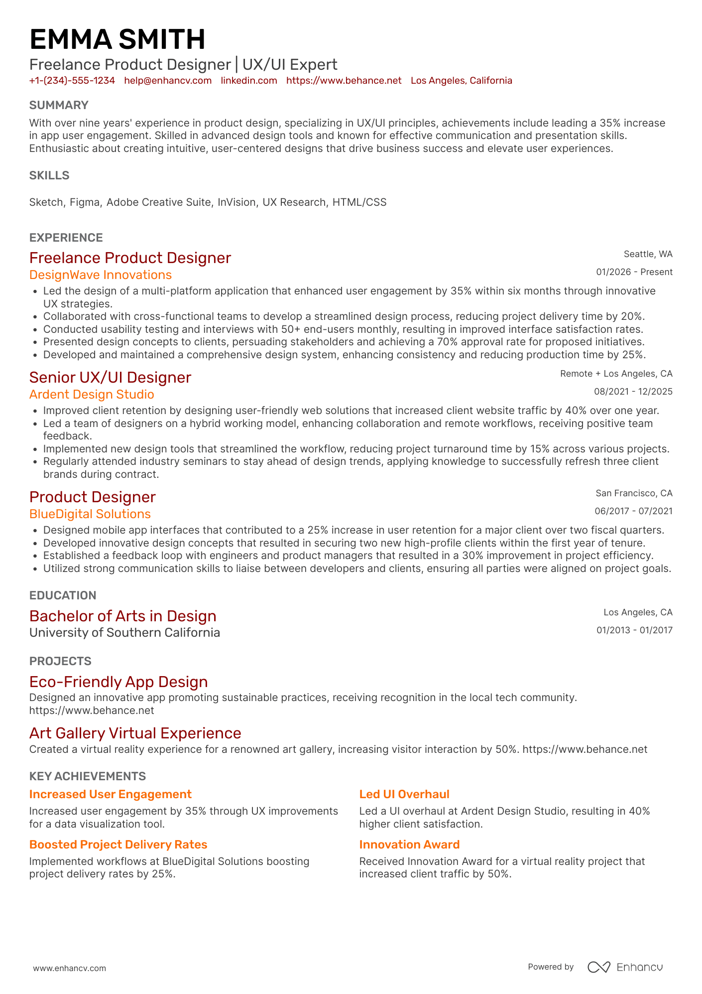 A resume example of a Freelance Product Designer