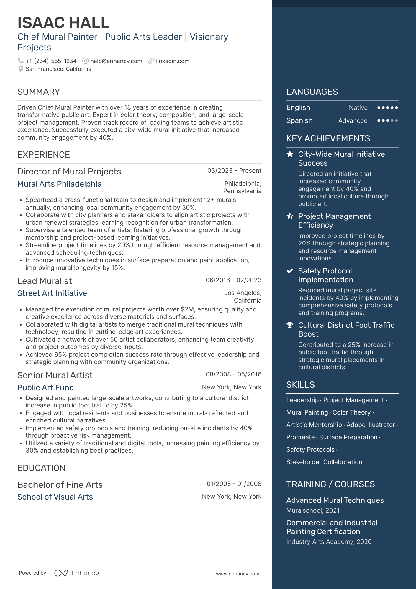 A resume example of a Chief Mural Painter