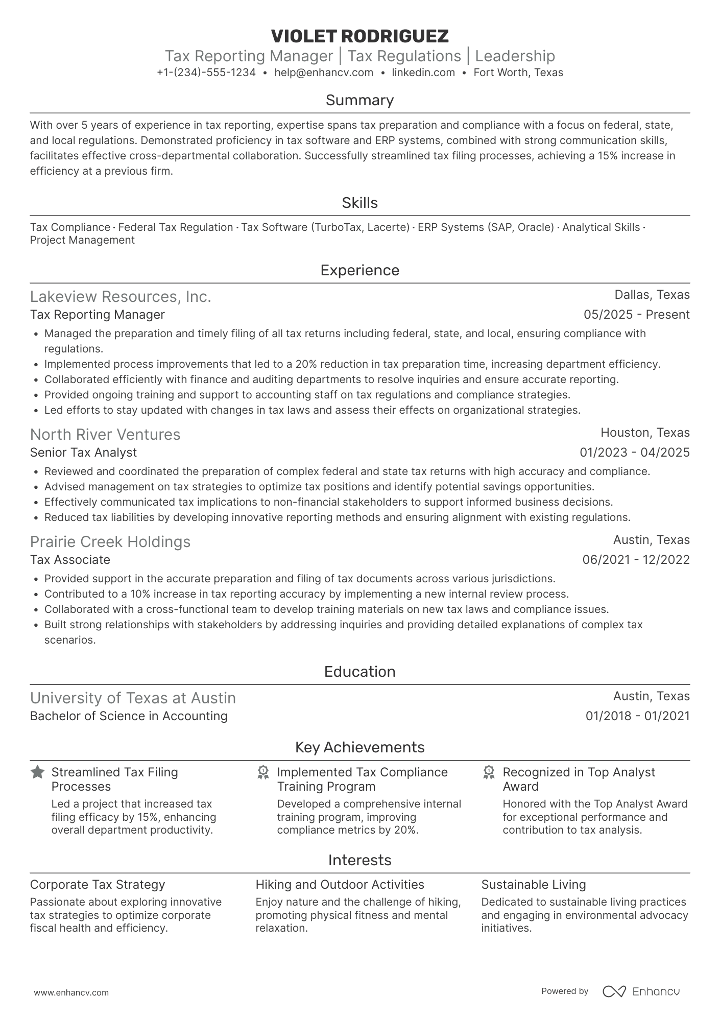A resume example of a Tax Reporting Manager