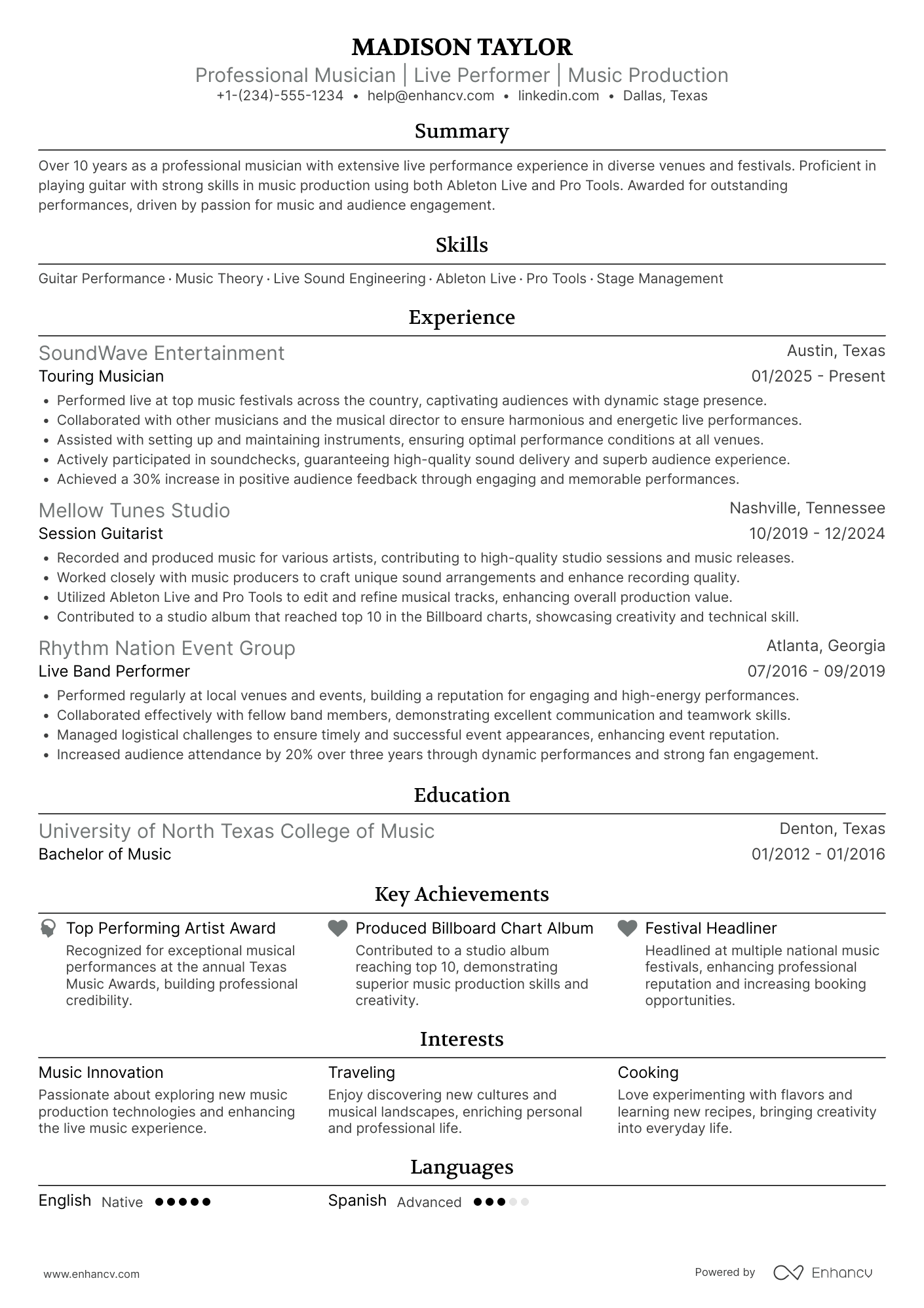 A resume example of a Touring Musician