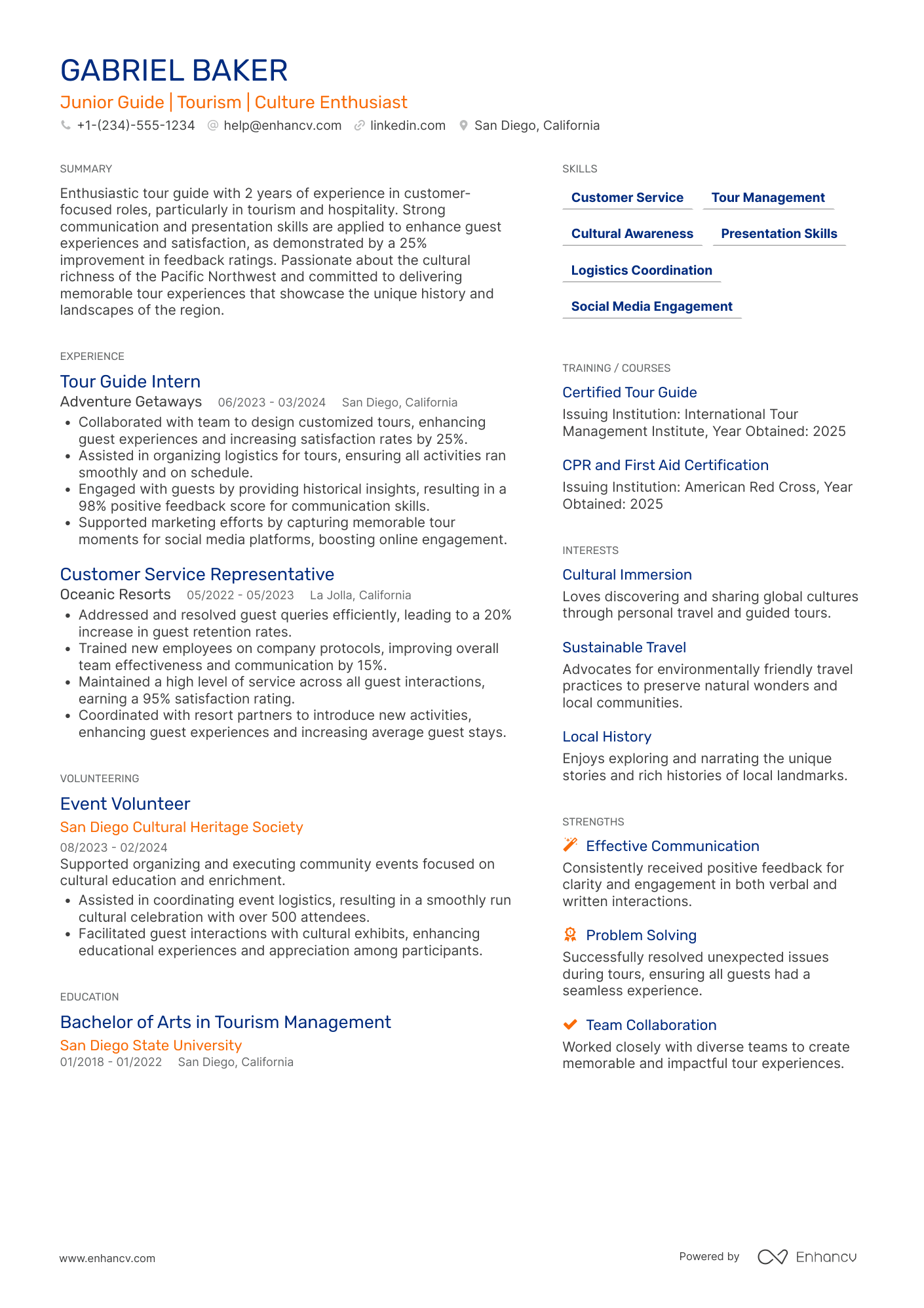 A resume example of a Junior Tour Guide