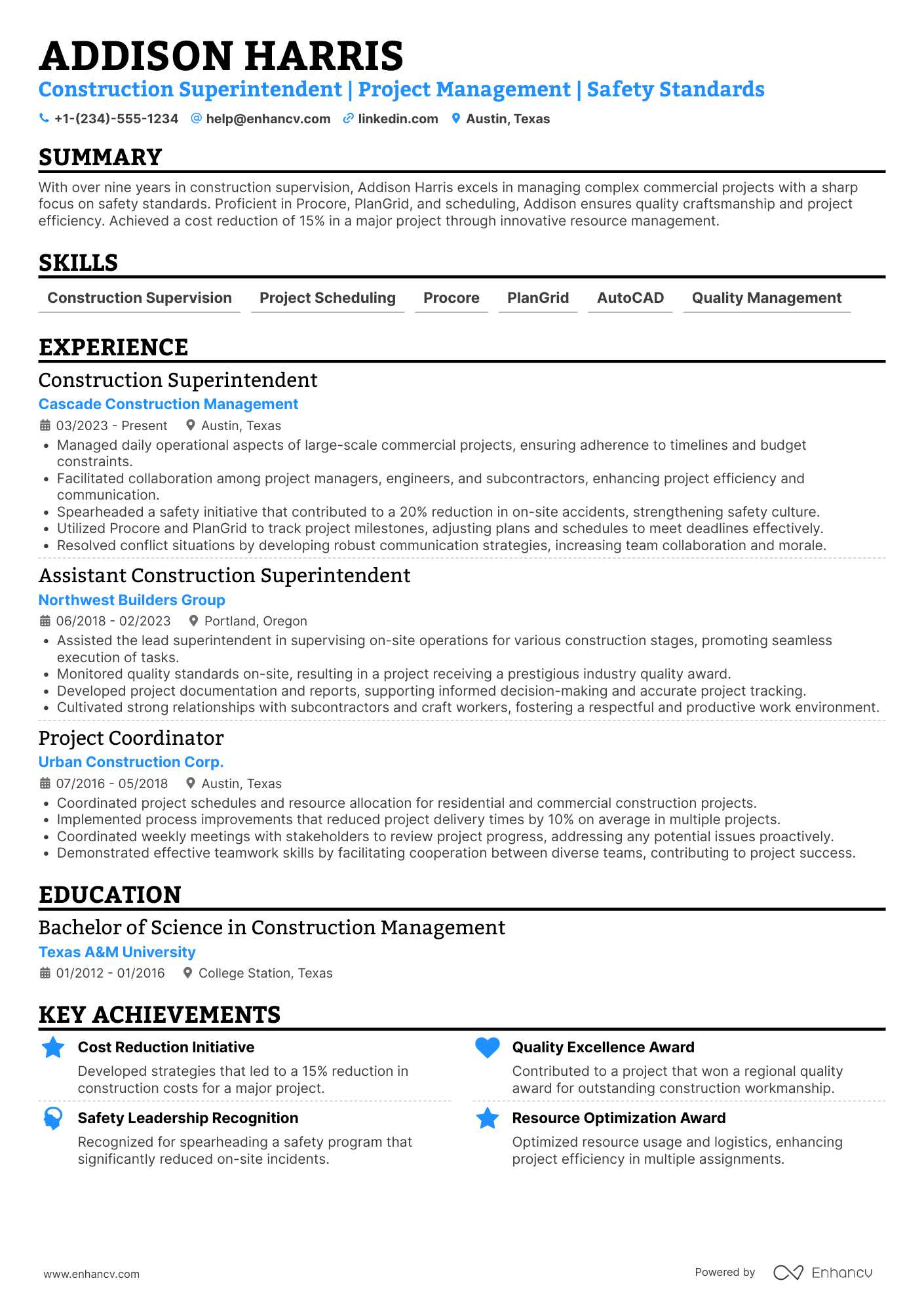 A resume example of a Assistant Project Construction Superintendent