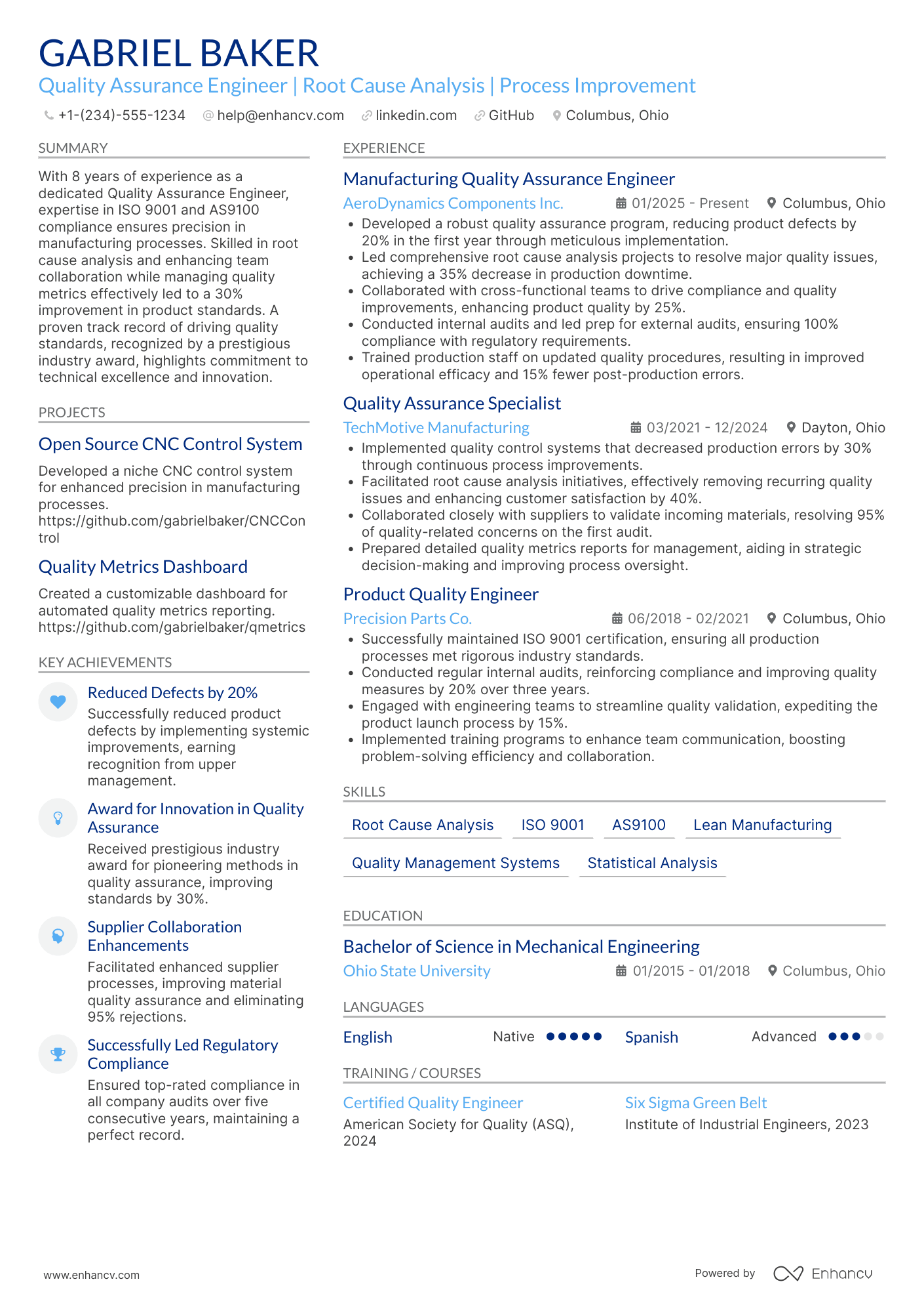 A resume example of a Manufacturing Quality Assurance Engineer