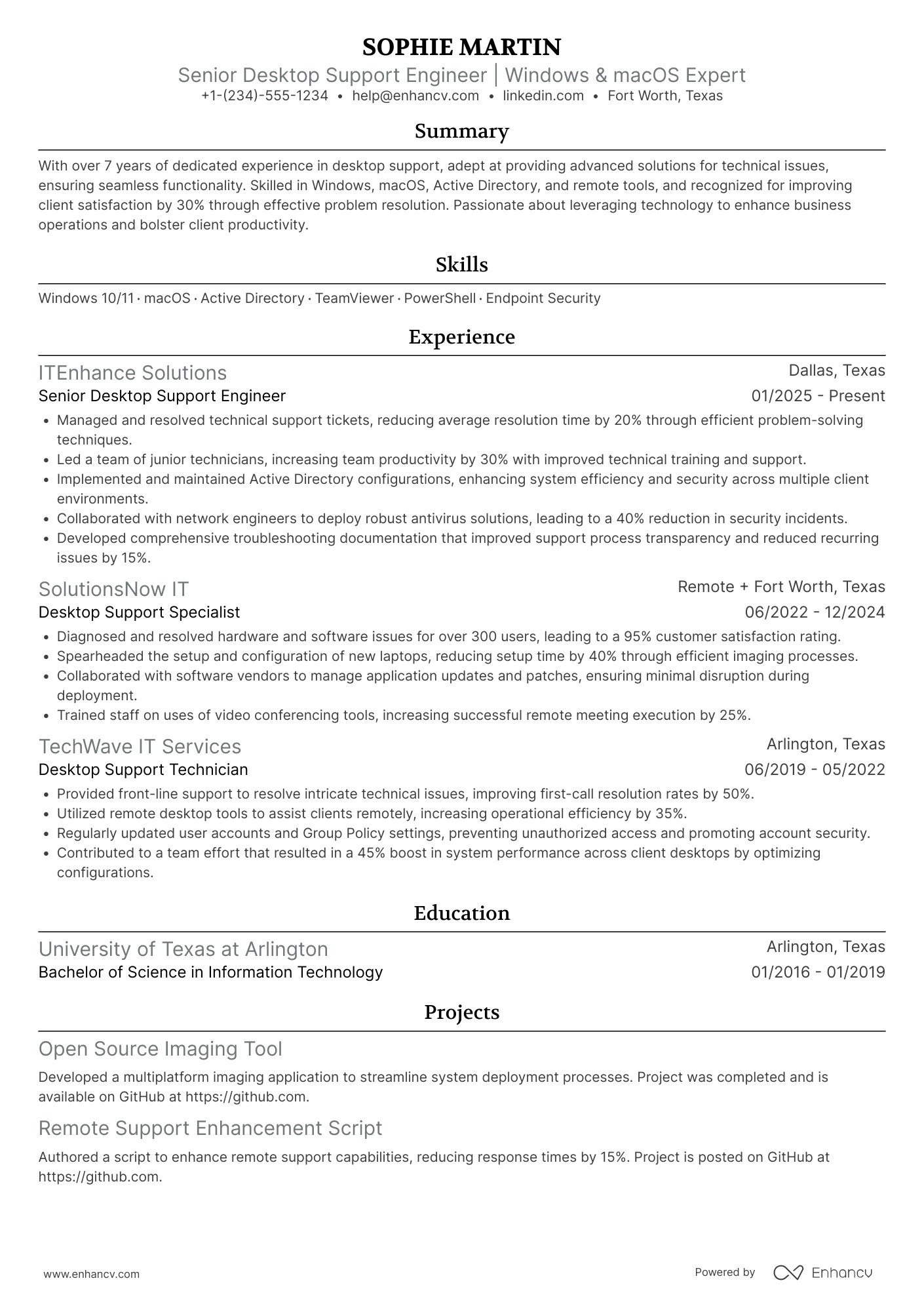 A resume example of a Senior Desktop Support Engineer