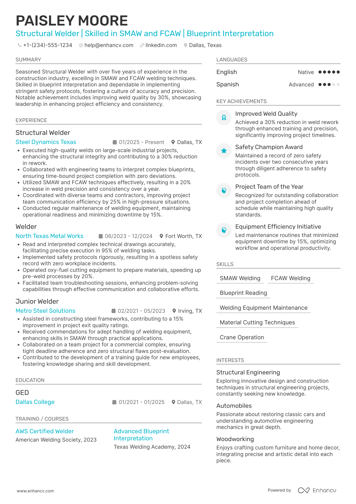 A resume example of a Structural Welder