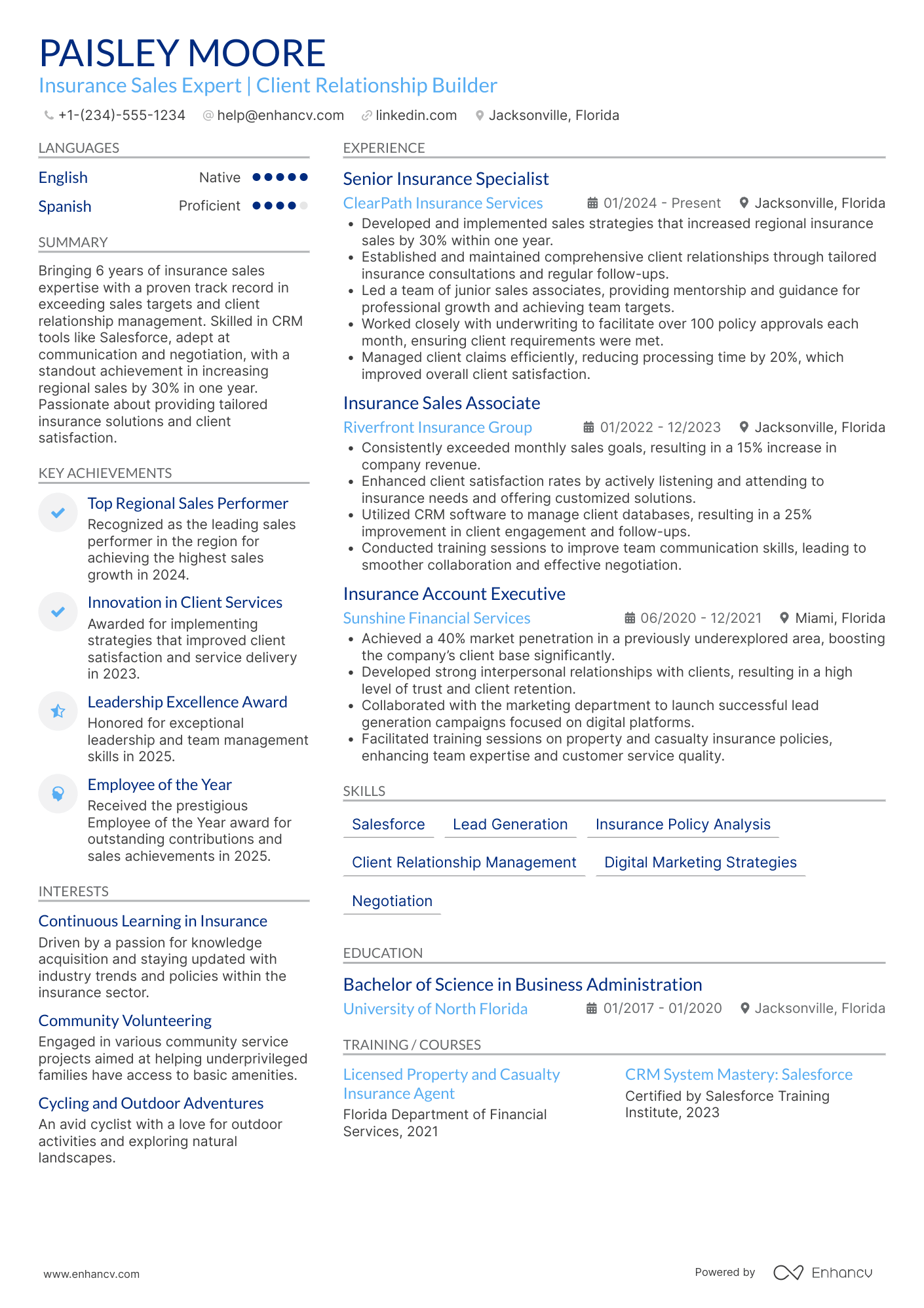 A resume example of a Insurance Sales