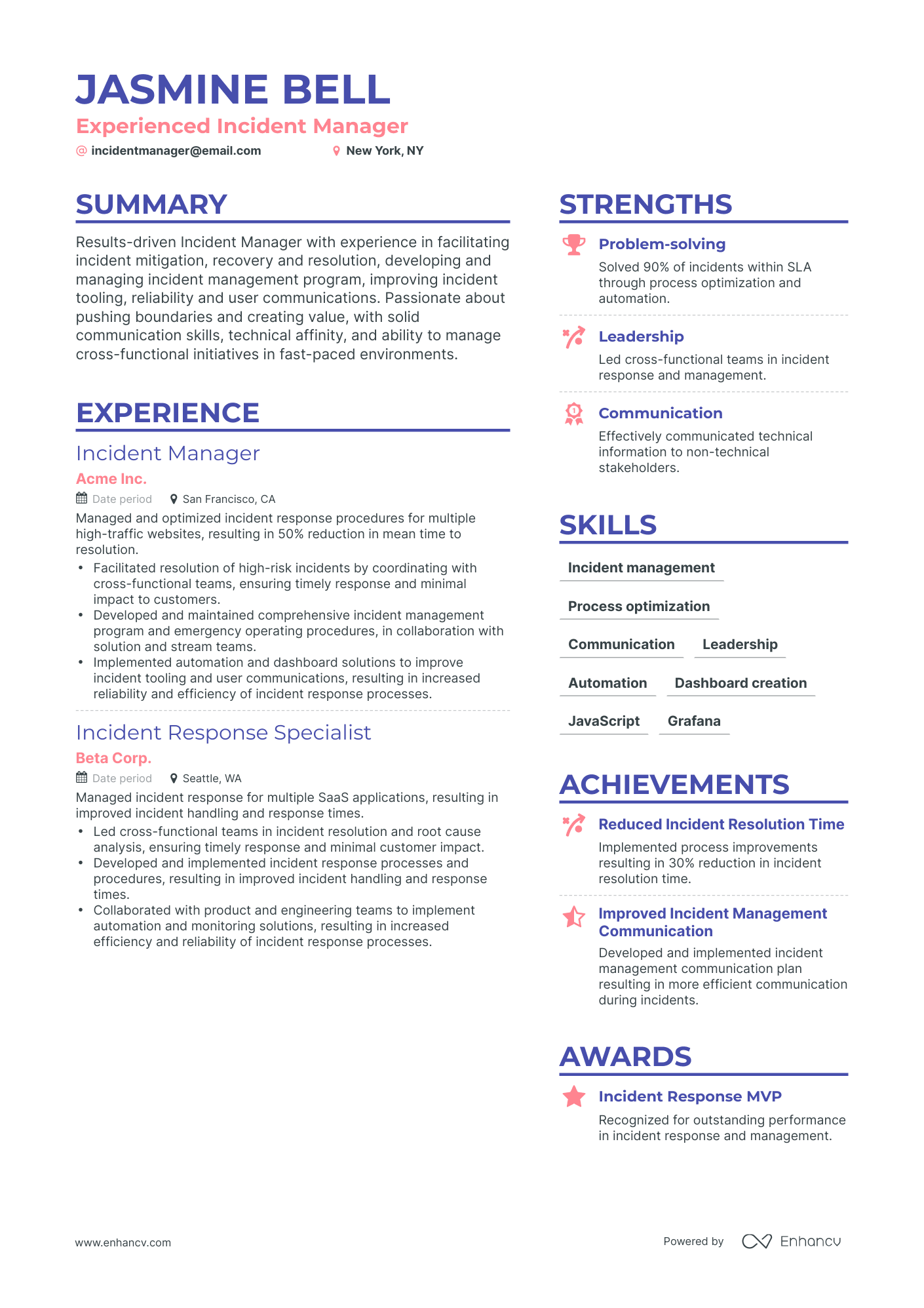 Simple Incident Manager Resume Template