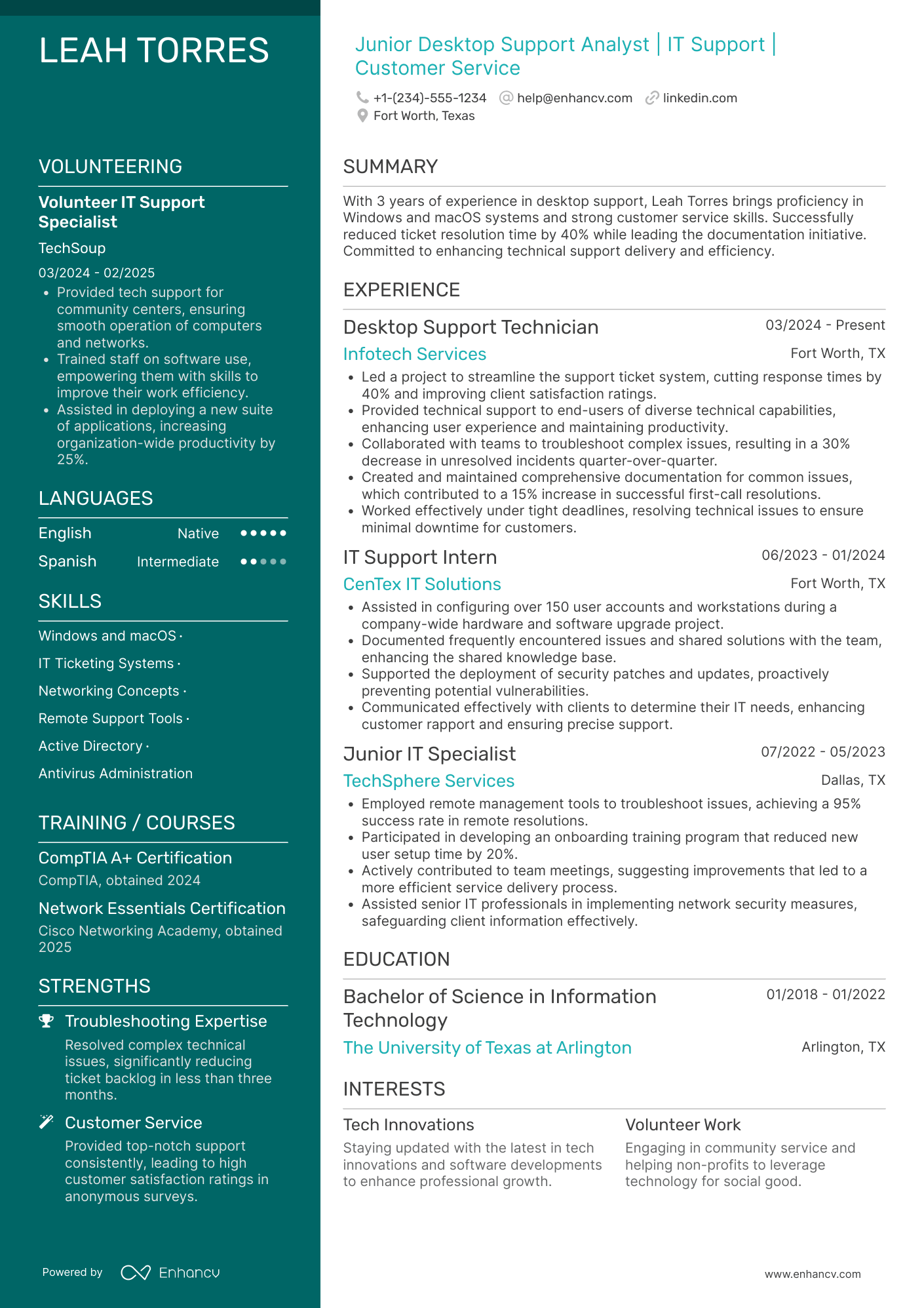 A resume example of a Junior Desktop Support Analyst