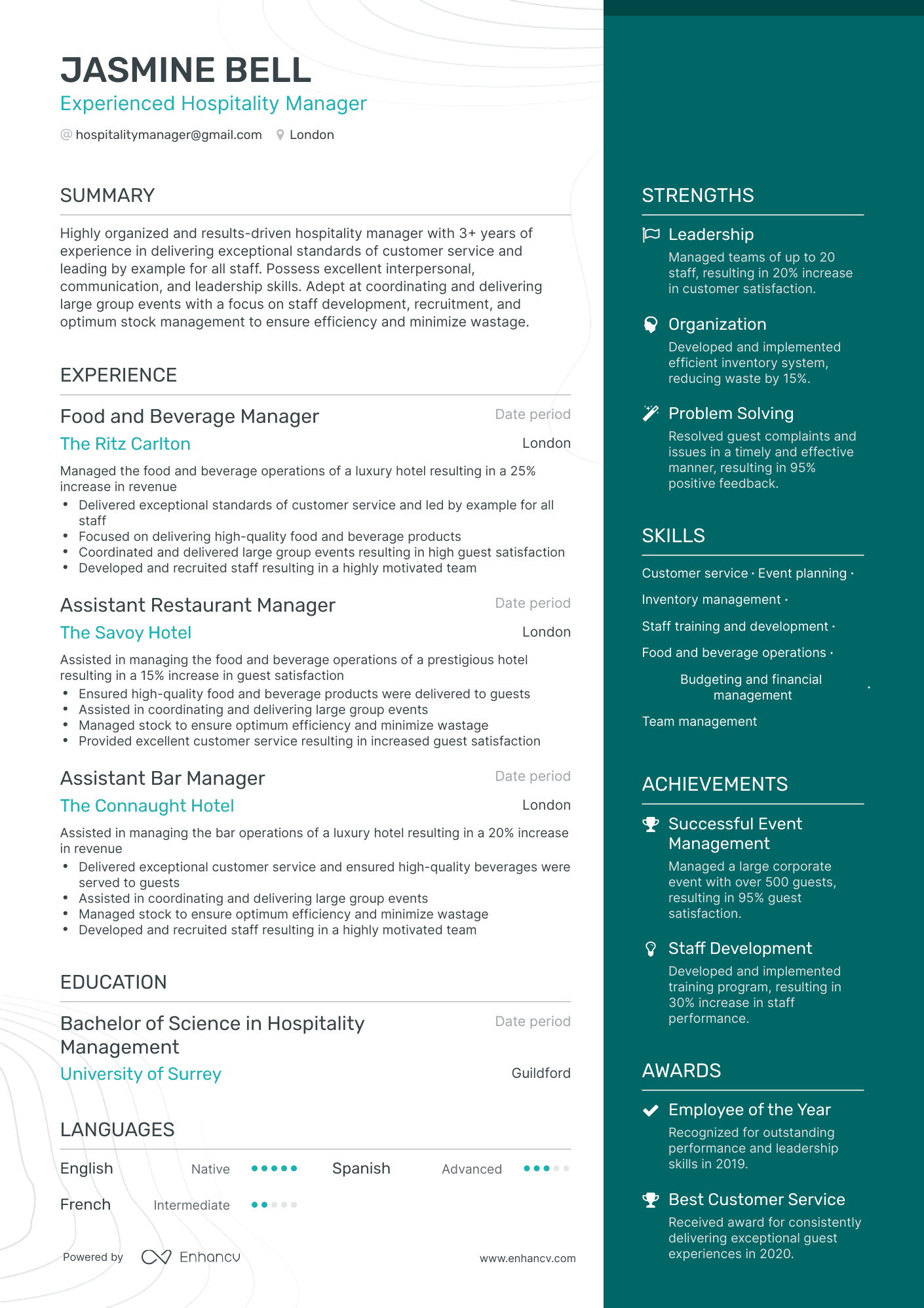 One Page Hospitality Manager Resume Template