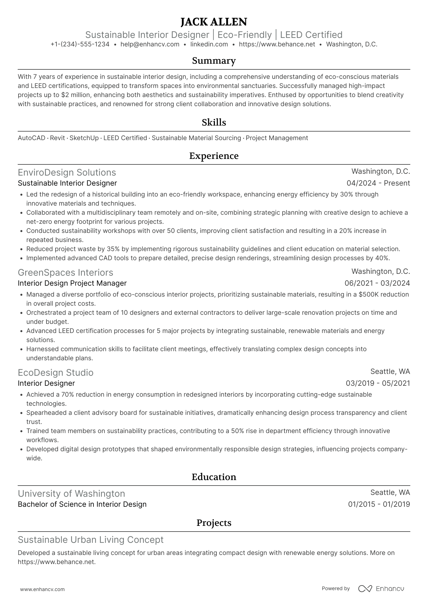 A resume example of a Sustainable Interior Designer