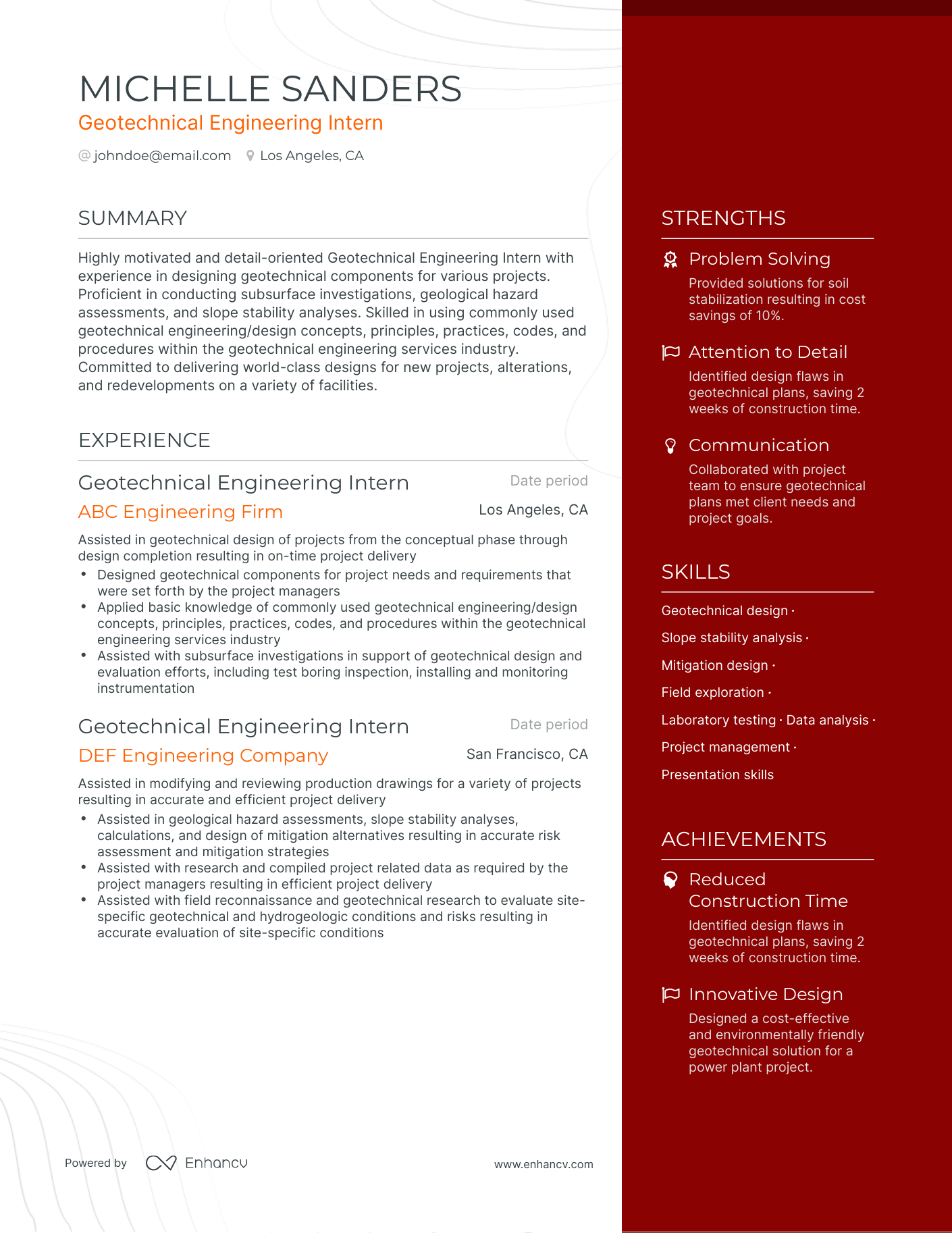 One Page Geotechnical Engineering Resume Template