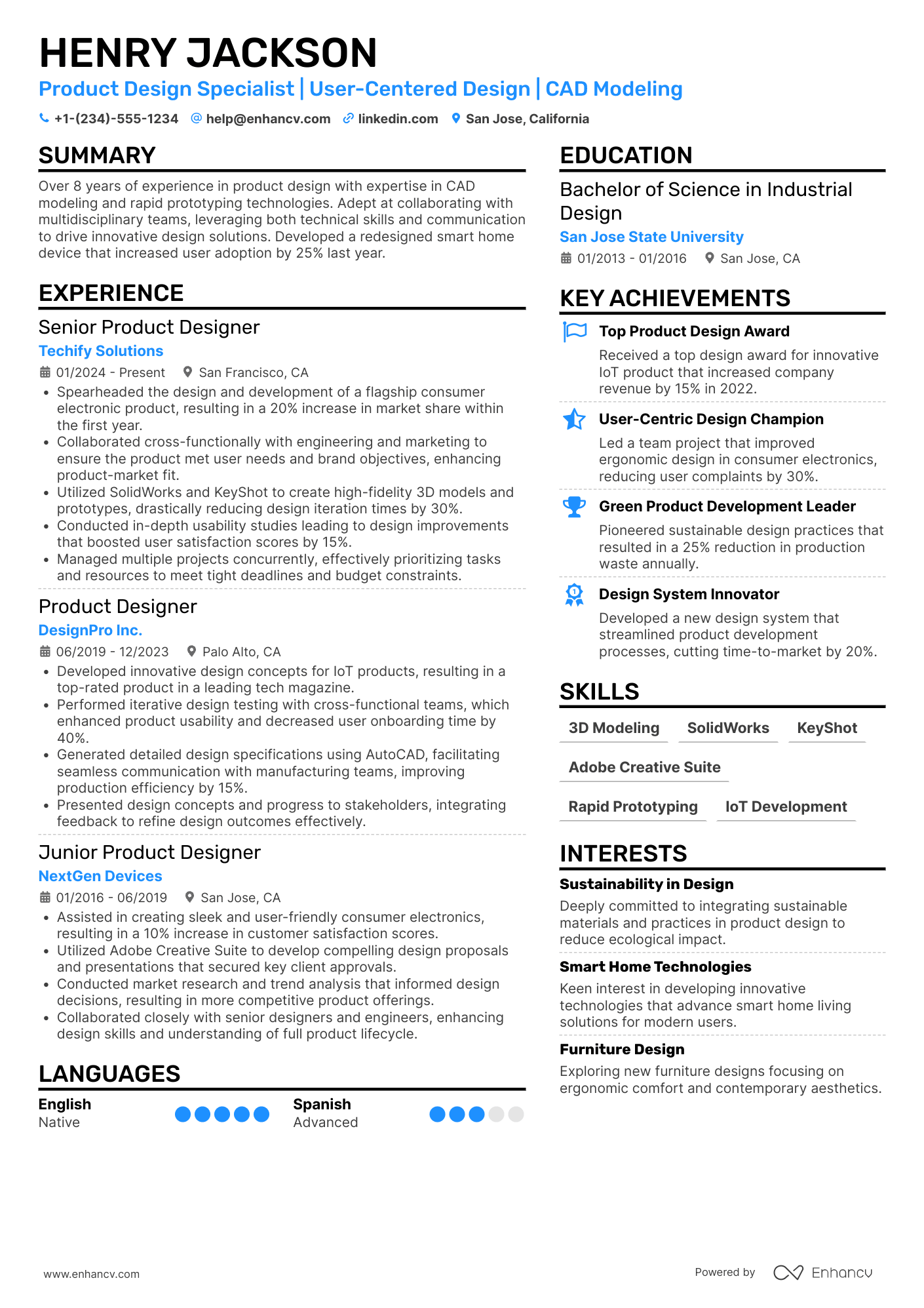 A resume example of a Product Design Specialist