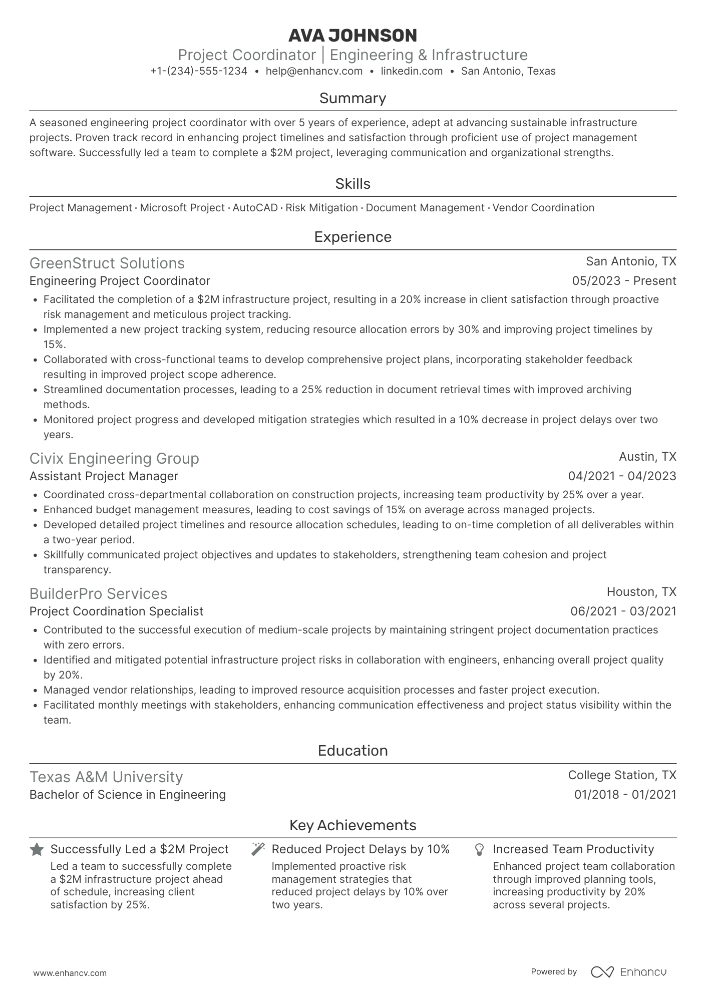 A resume example of a Engineering Project Coordinator