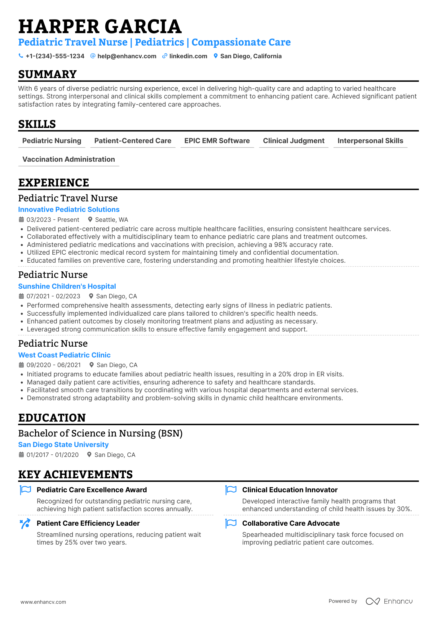 A resume example of a Pediatric Travel Nurse