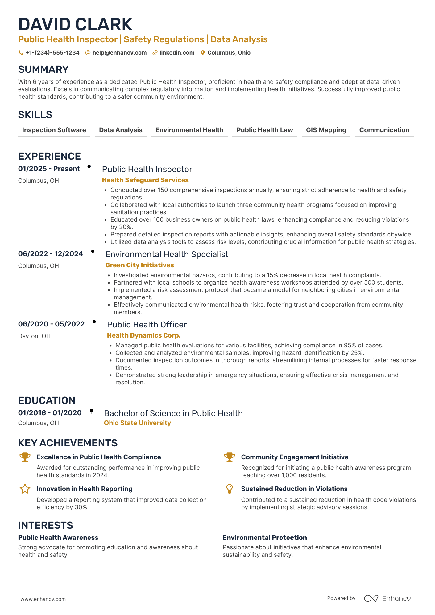 A resume example of a Public Health Inspector