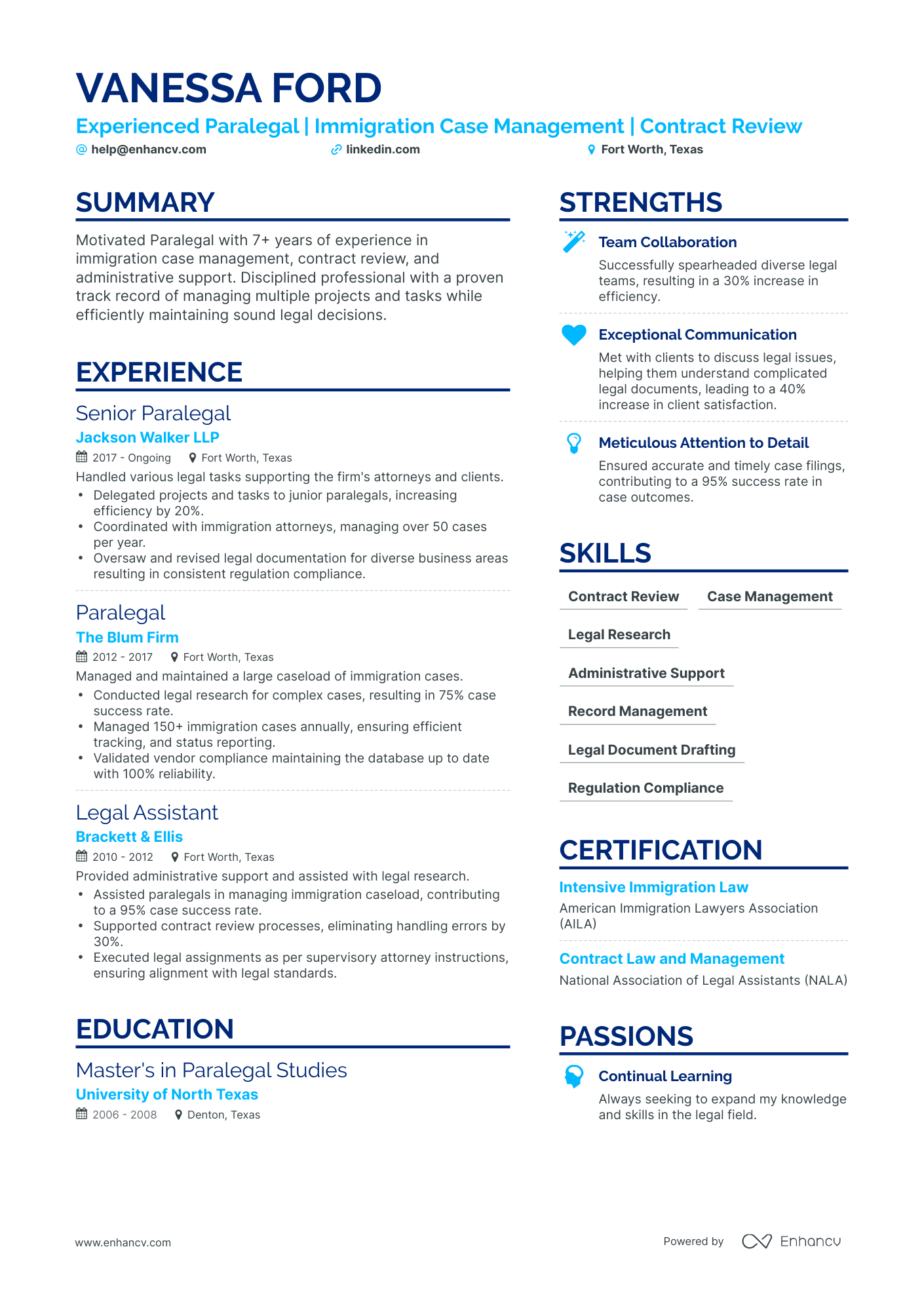 A resume example of a Immigration Paralegal